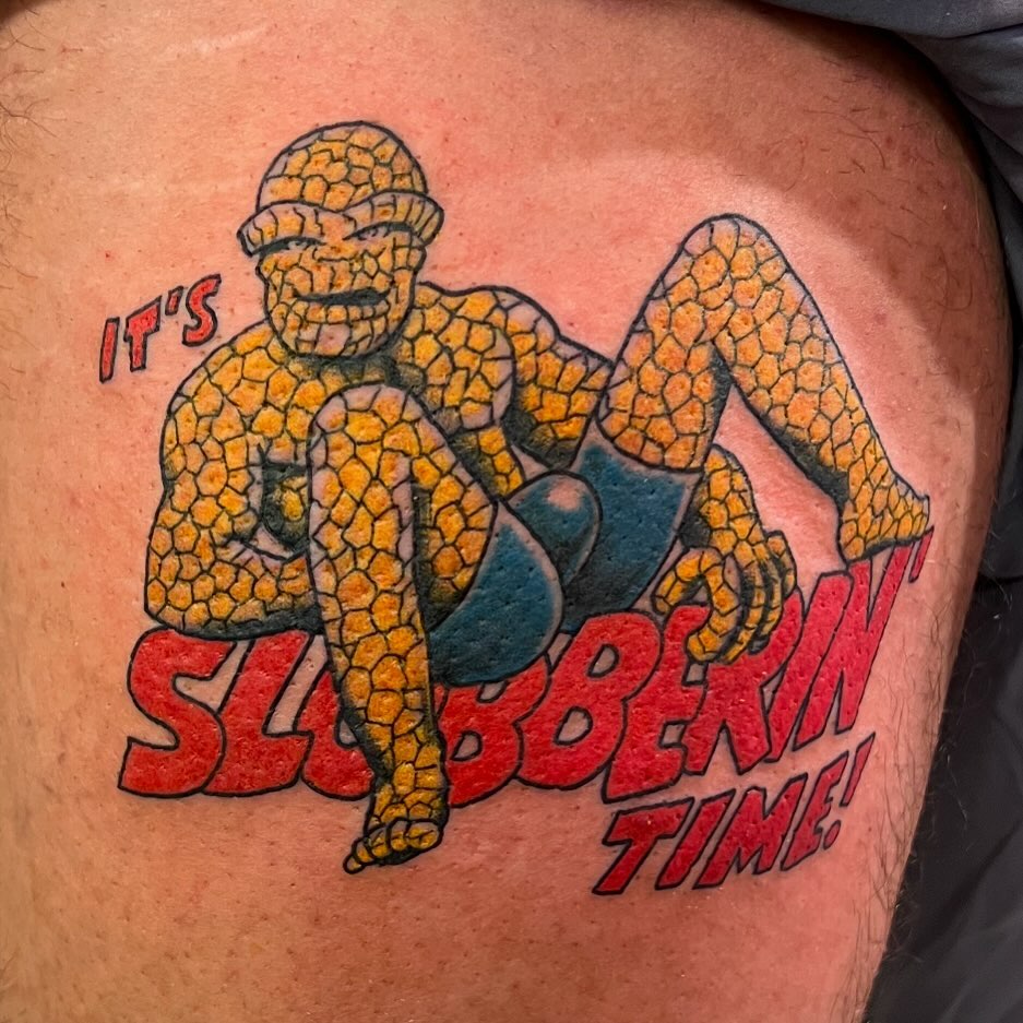 The Thing dotwork tattoo on the thigh by Levi Cox, Powell, Ohio
