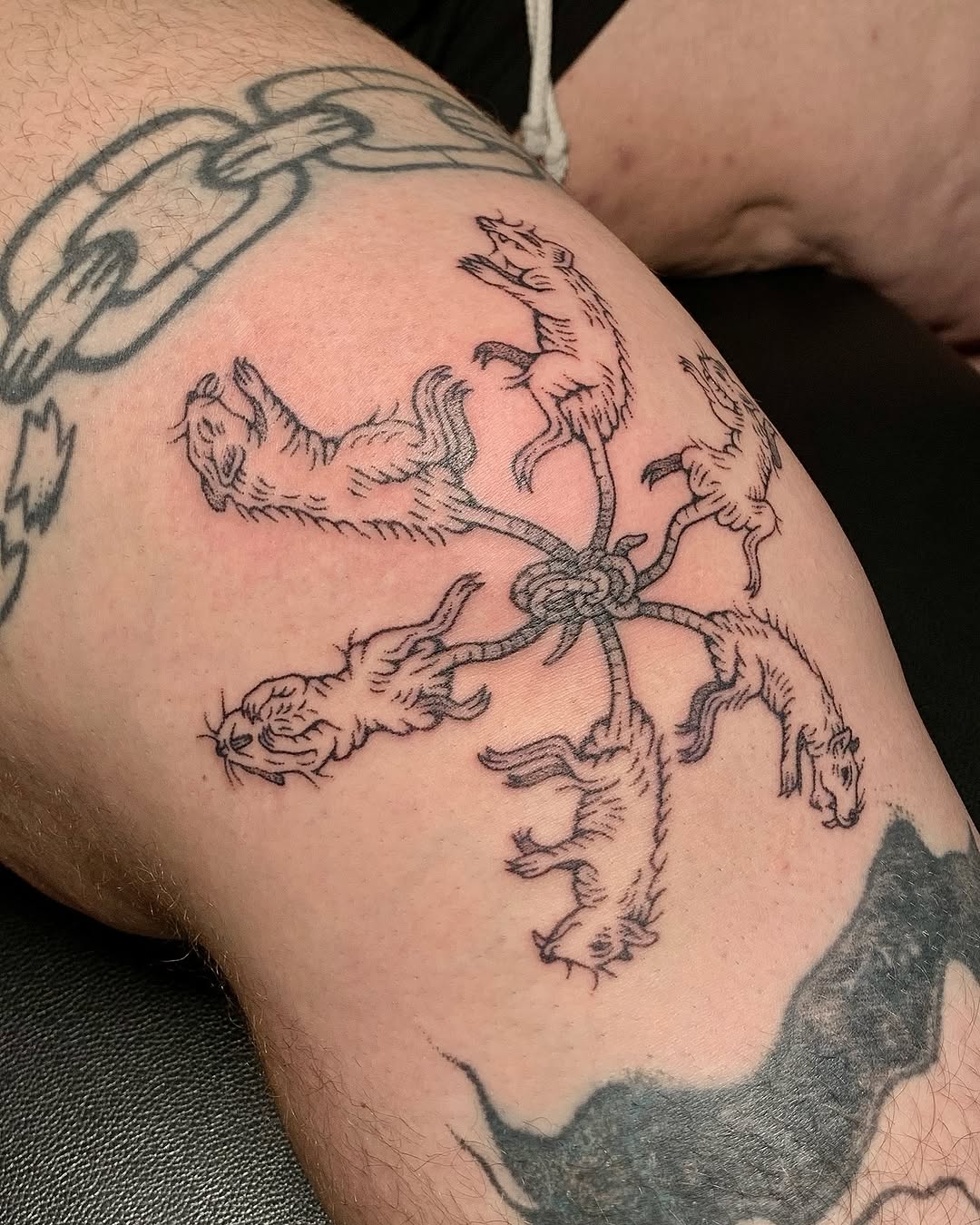 Rats in a circle ornamental tattoo on the thigh by Lex Lloyd