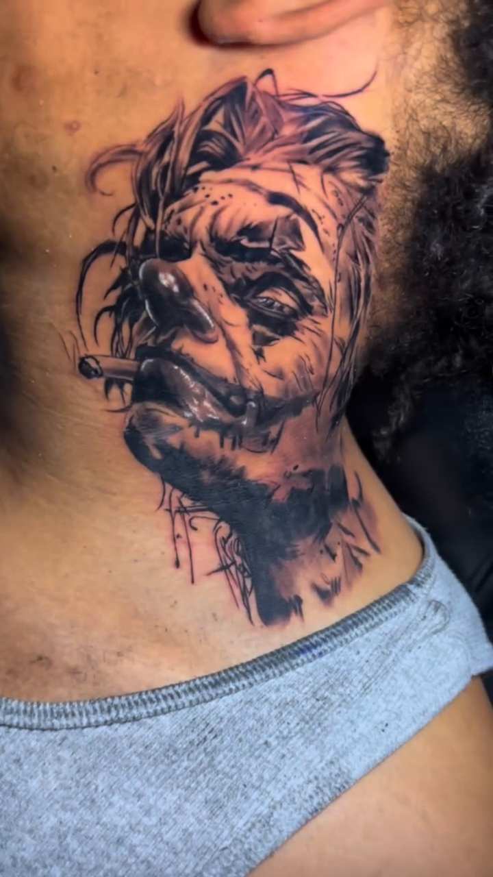 Joker portrait realism tattoo by Davone Joyner, Richmond, Virginia