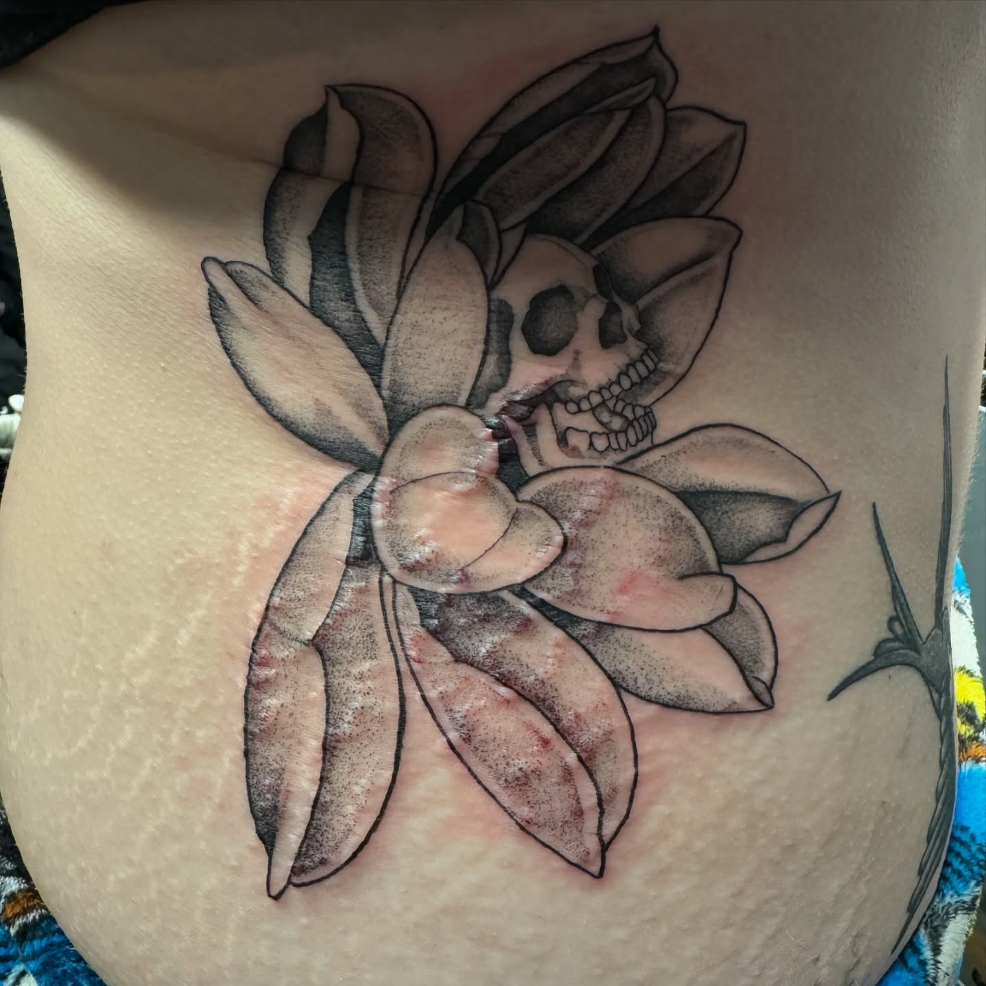 Flower with skull realism tattoo on the torso by Shannon, Cincinnati, Ohio