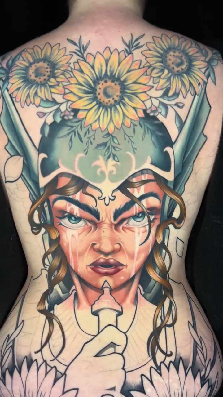 Valkyrie with sunflowers neo-traditional tattoo by Jon Ronzka