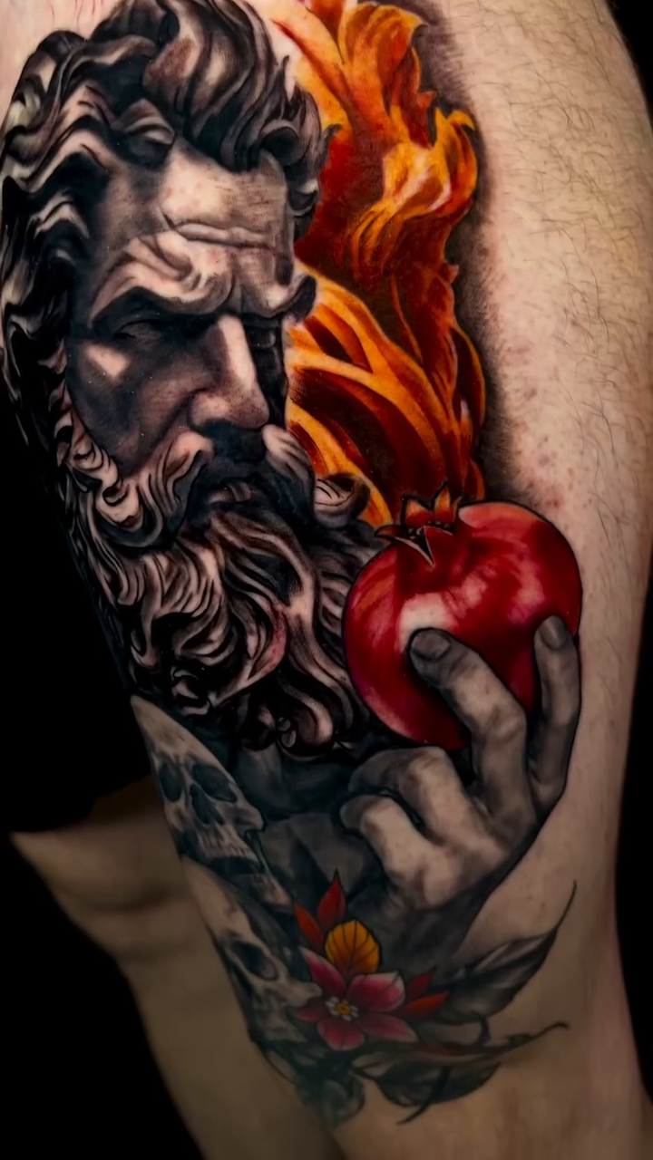 Zeus and apple realism tattoo by Claude Steven Estrada, Las Vegas, Nevada