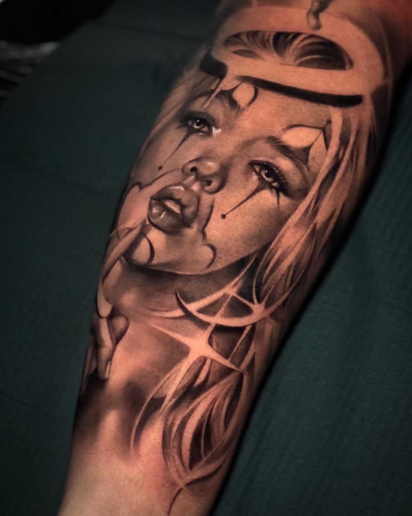 Woman's face realism tattoo on the forearm by Sena Sim 🇰🇭, Worcester, Massachusetts