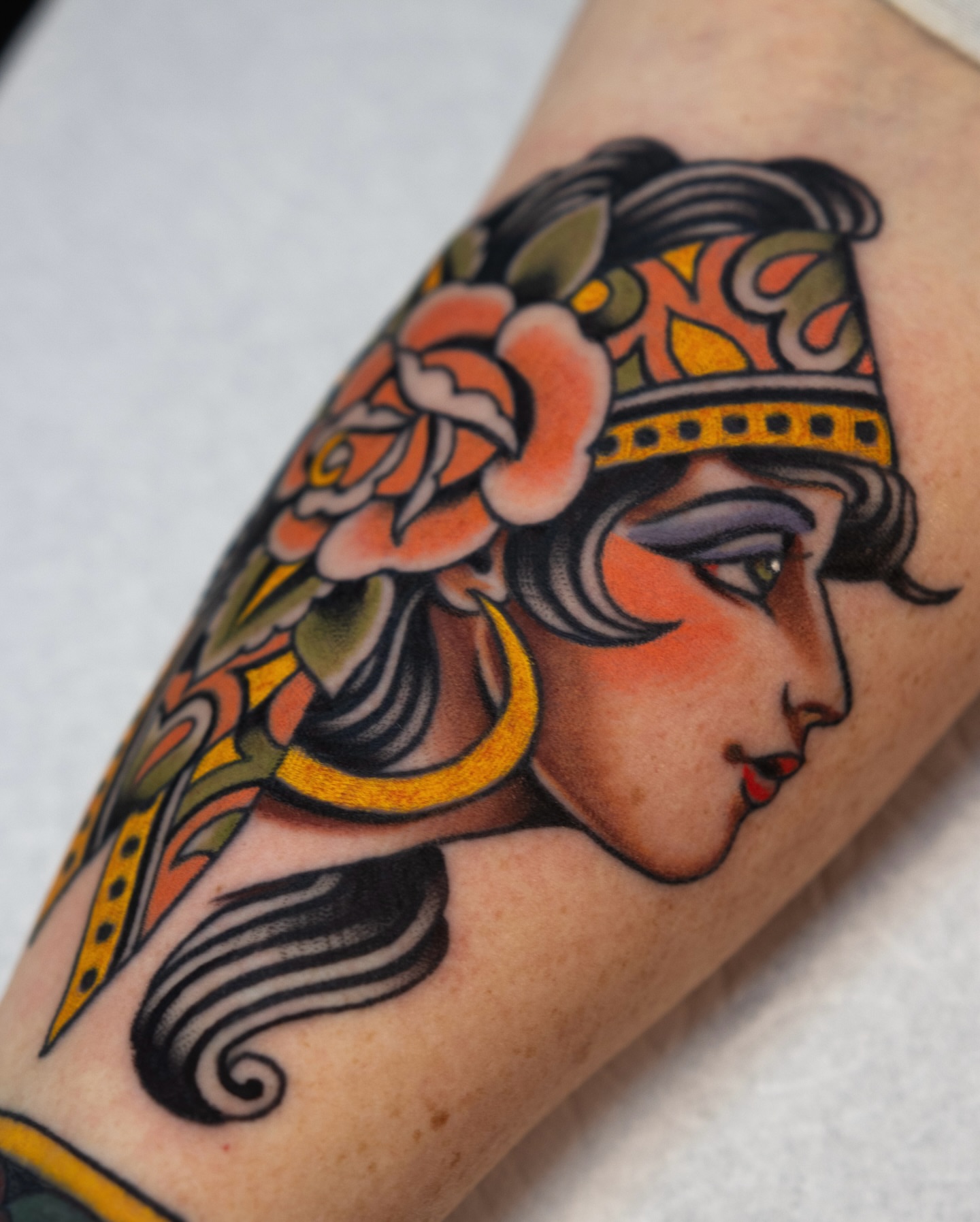 Flapper girl American traditional tattoo on the forearm by Danny Derrick, San Luis Obispo, California