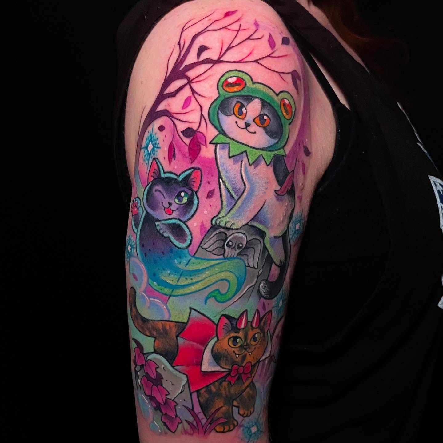 Cat-themed characters dotwork tattoo on the upper arm by ππΈππππ π΅ππππππ