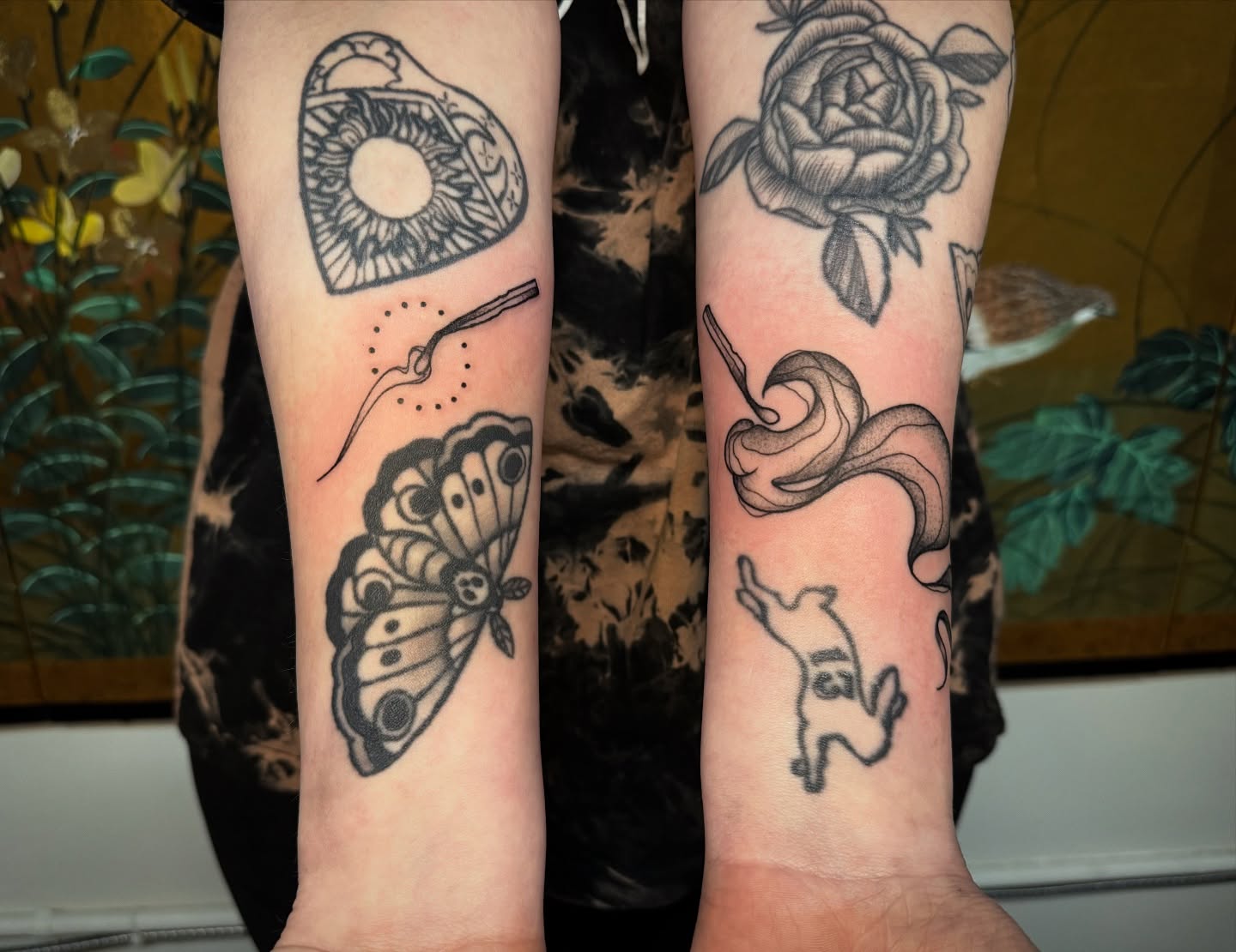 Butterfly and moth black and grey tattoo on the forearm by Mazie