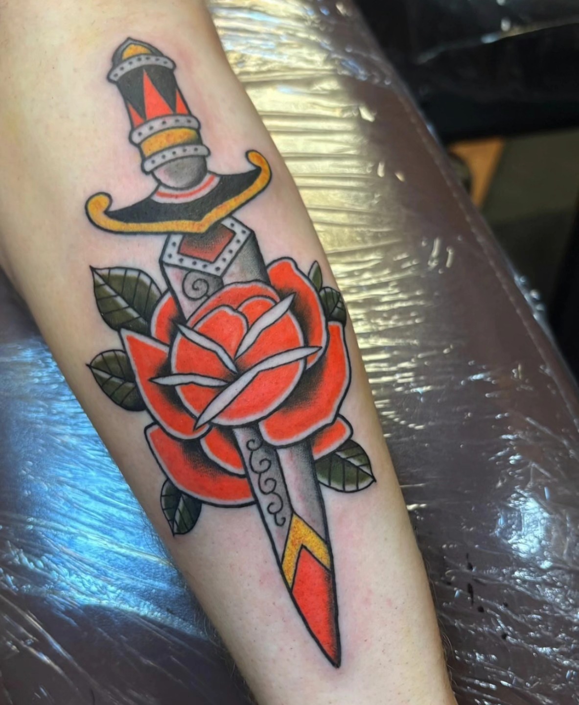 Sword and rose American traditional tattoo on the forearm by ๐๏ธ, Ashland, Virginia