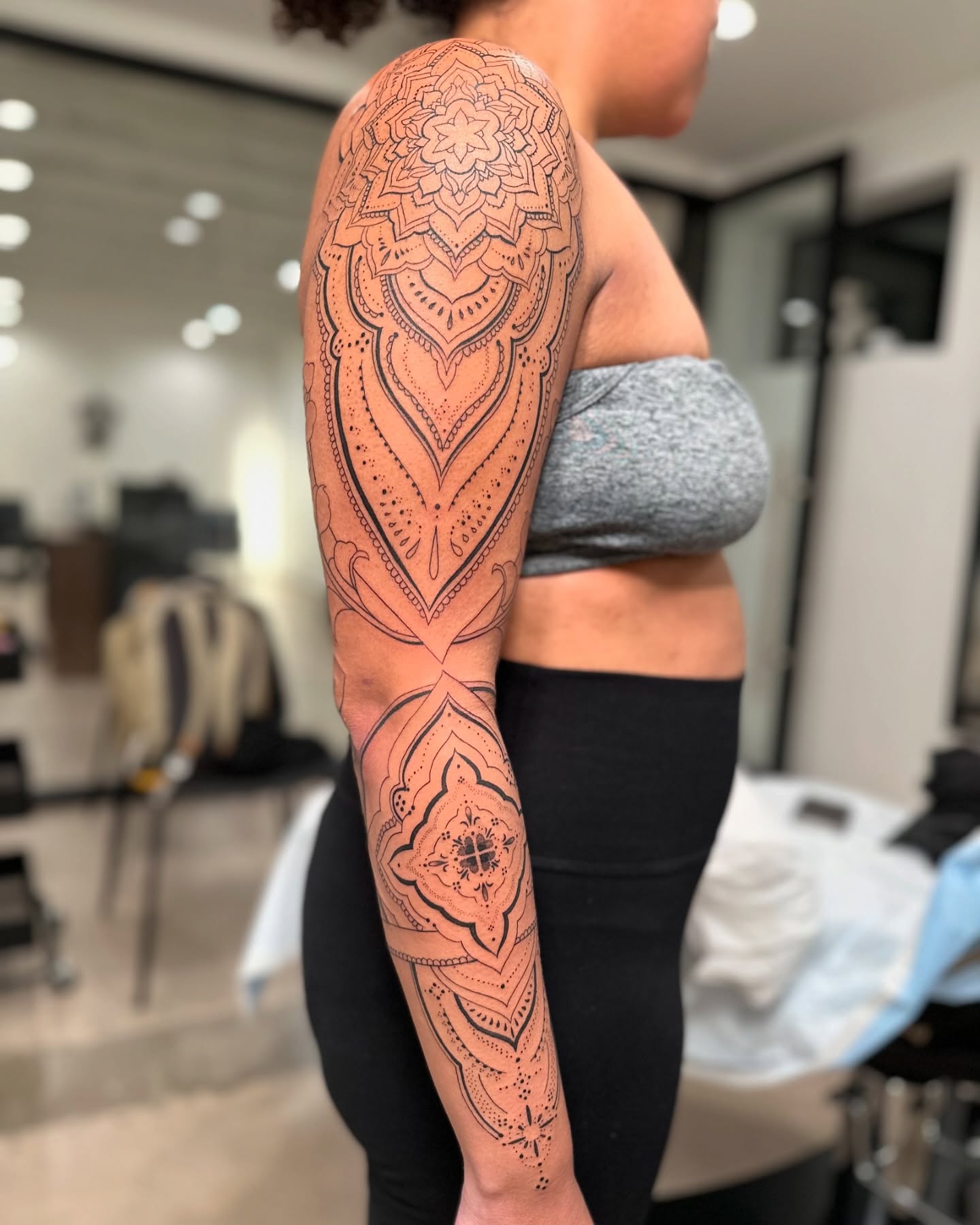 Mandala geometric tattoo on the upper arm by ᴍɪᴄʜᴇʟʟᴇ, New York, New York