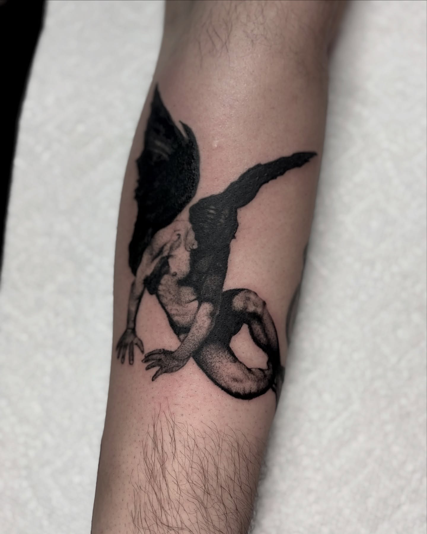 Winged creature realism tattoo on the forearm by Bryan