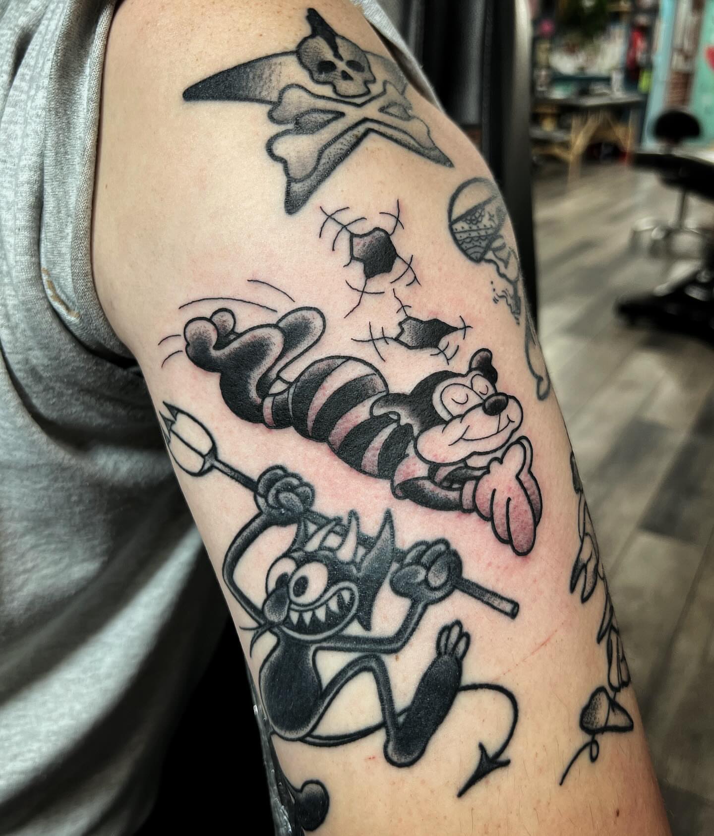 Mickey mouse American traditional tattoo on the forearm by @sloanxkettering