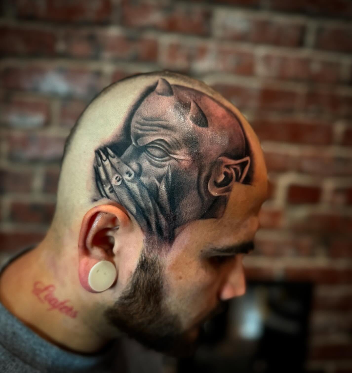 Mask realism tattoo on the head by Bernie calderon, Fresno, California