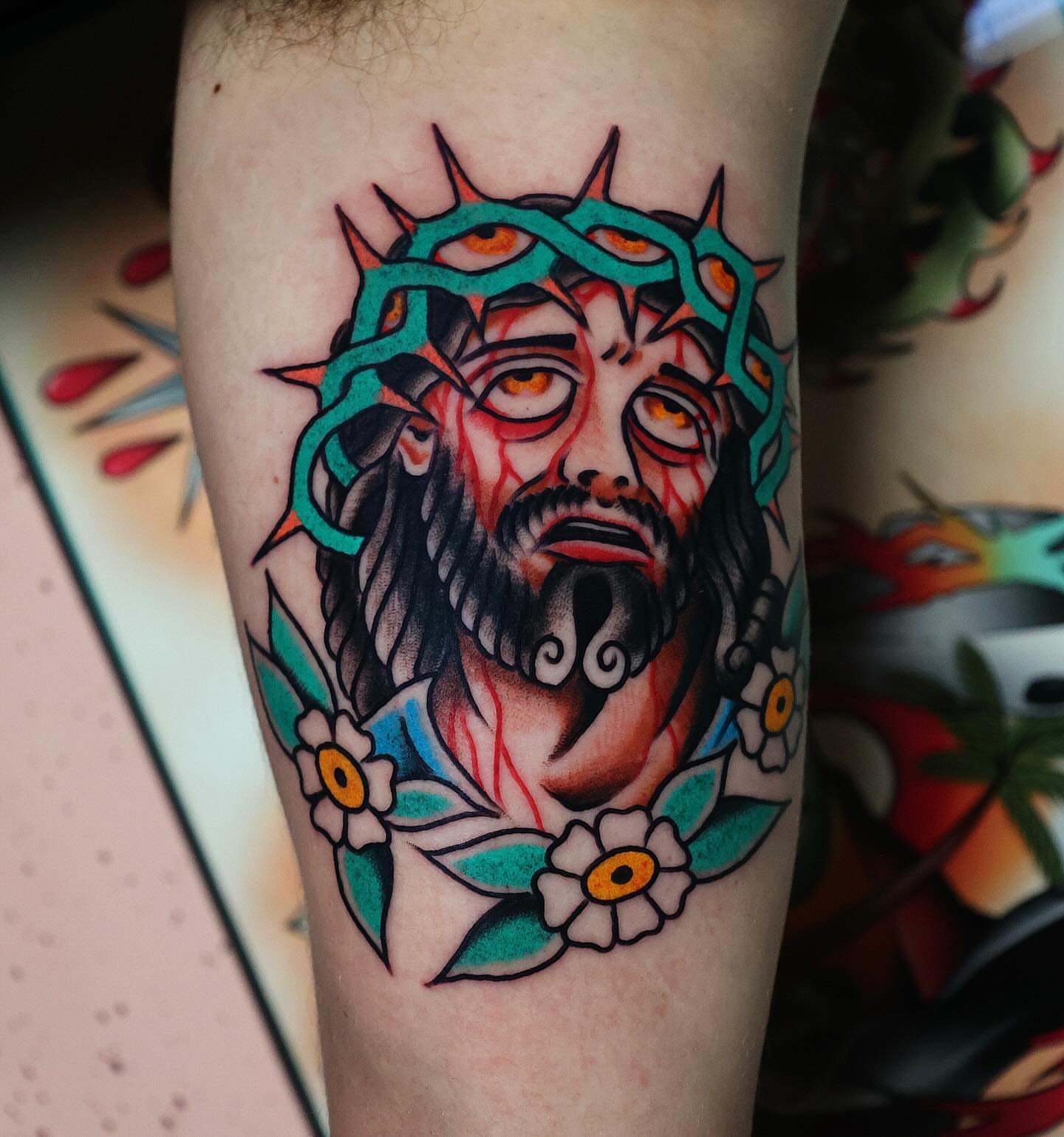 Religious figure American traditional tattoo on the forearm by Big Al