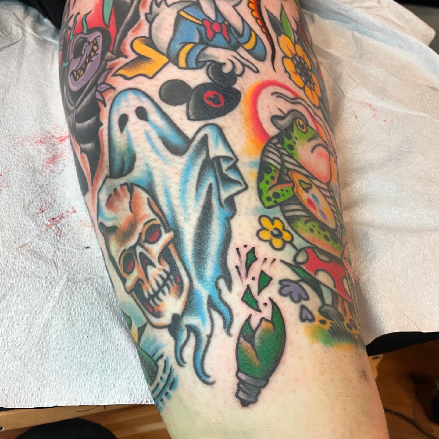 Ghost and skull American traditional tattoo on the forearm by Grandma Approved, Chicago, Illinois