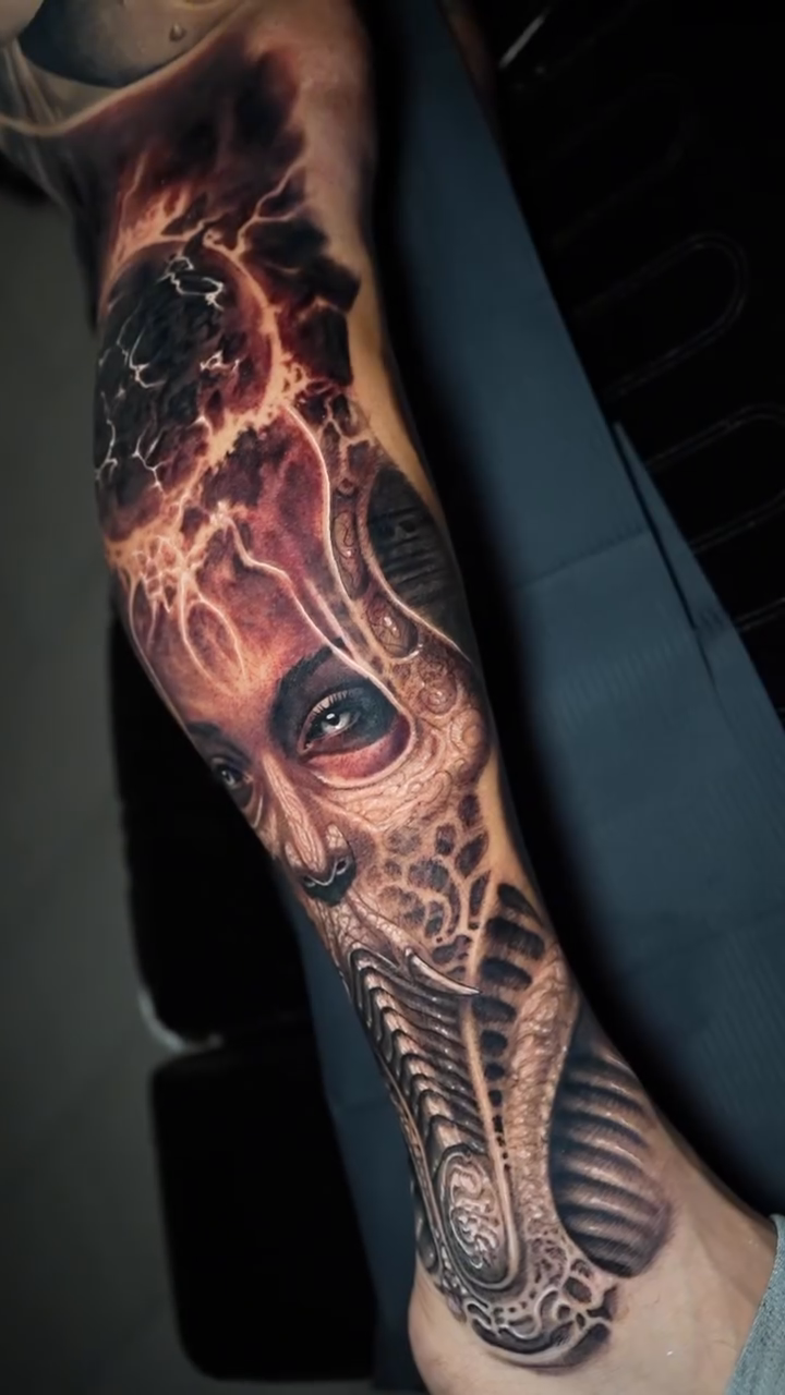 Biomechanical face with cosmic background realism tattoo by Aaron Moonan🩸Tattoo Artist NY