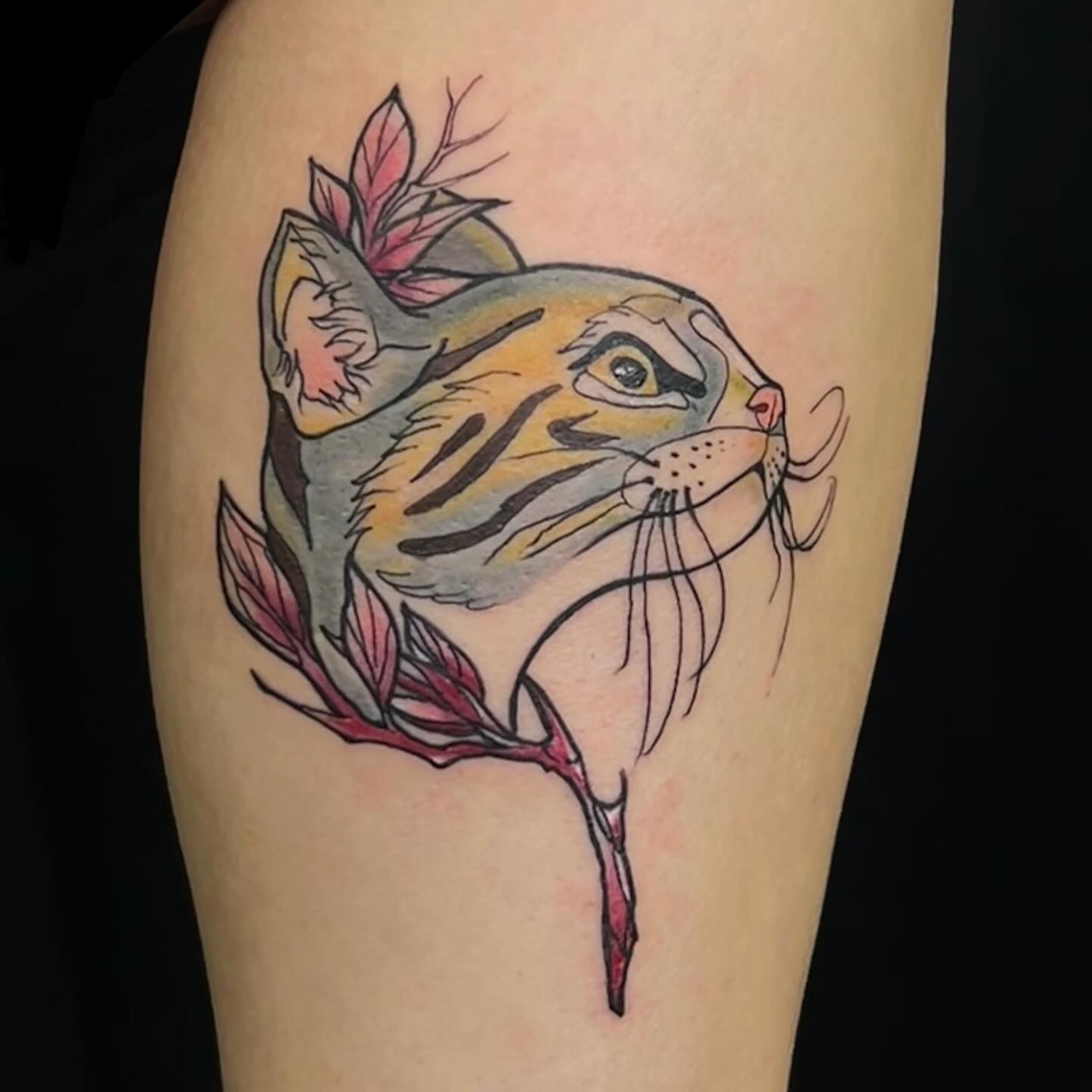 Cat watercolor tattoo on the thigh by Stefany🩸