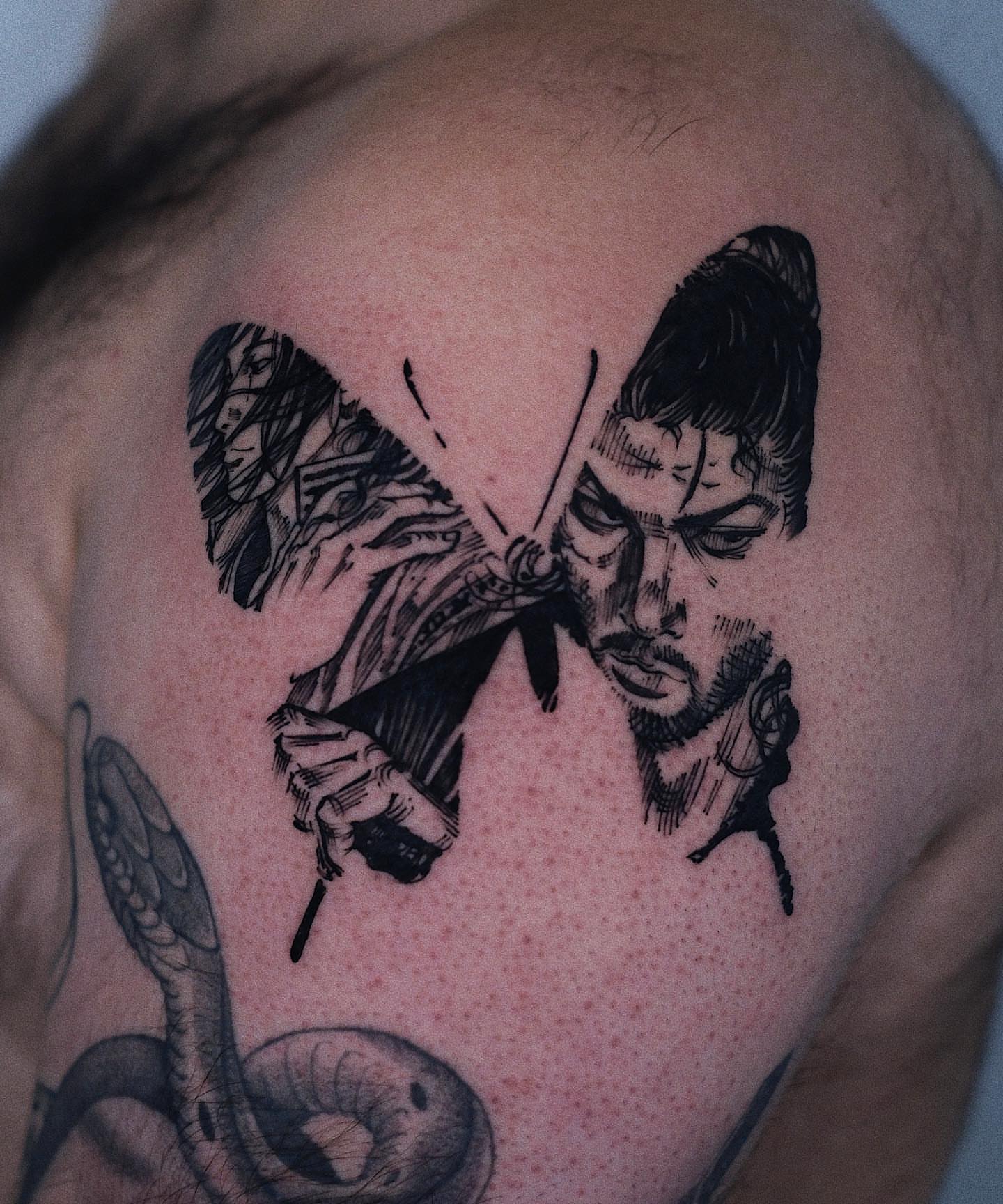 Man with butterfly dotwork tattoo on the shoulder by Anime, Amsterdam, Noord-Holland