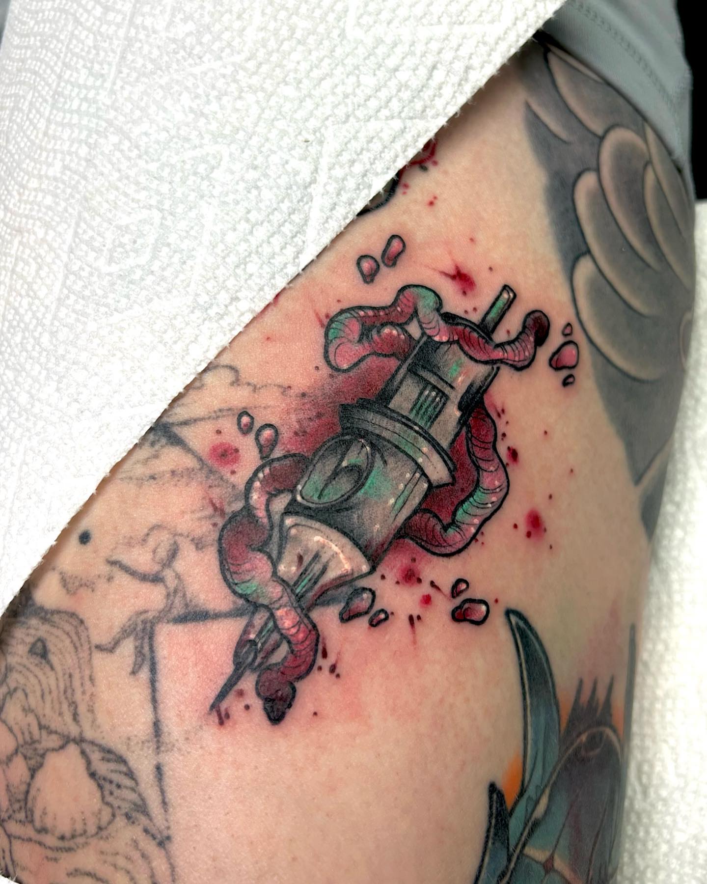 Gas mask American traditional tattoo on the forearm by Tatijana., Kettering, Ohio