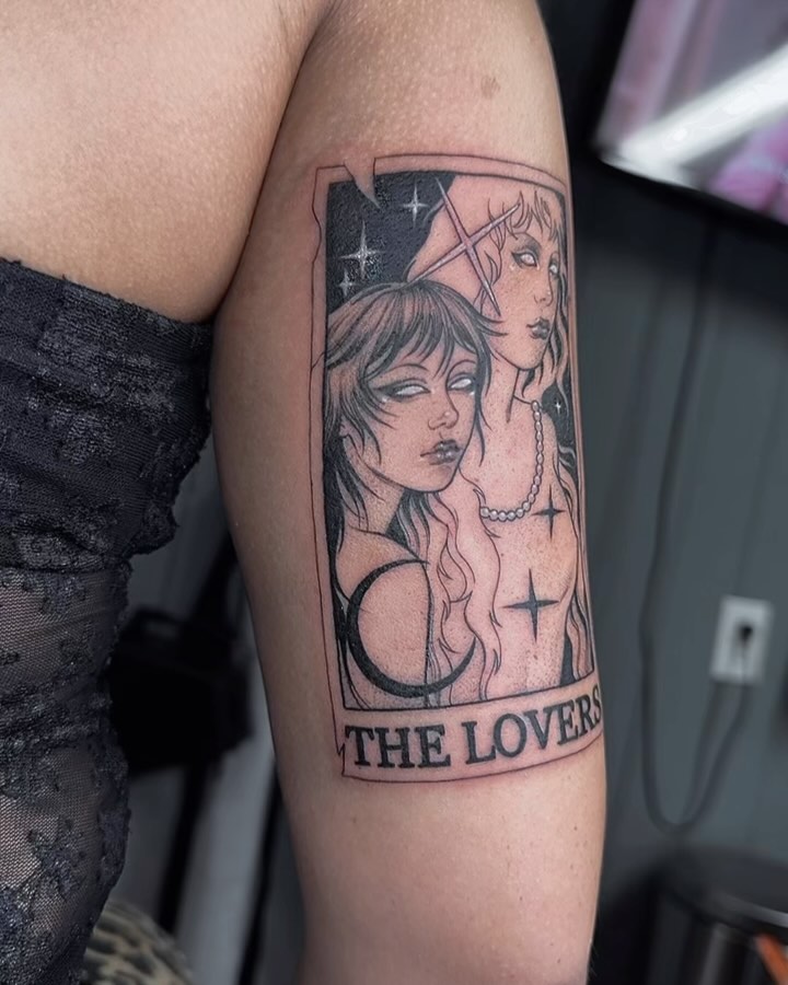 The lovers tarot card black and grey tattoo on the forearm by Tattoos.byDahlia, Austin, Texas