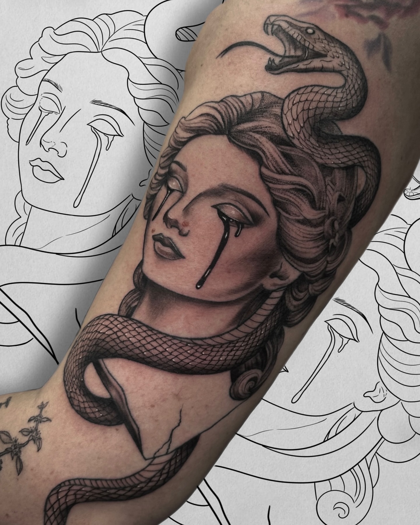 Woman with snake realism tattoo on the forearm by Aris
