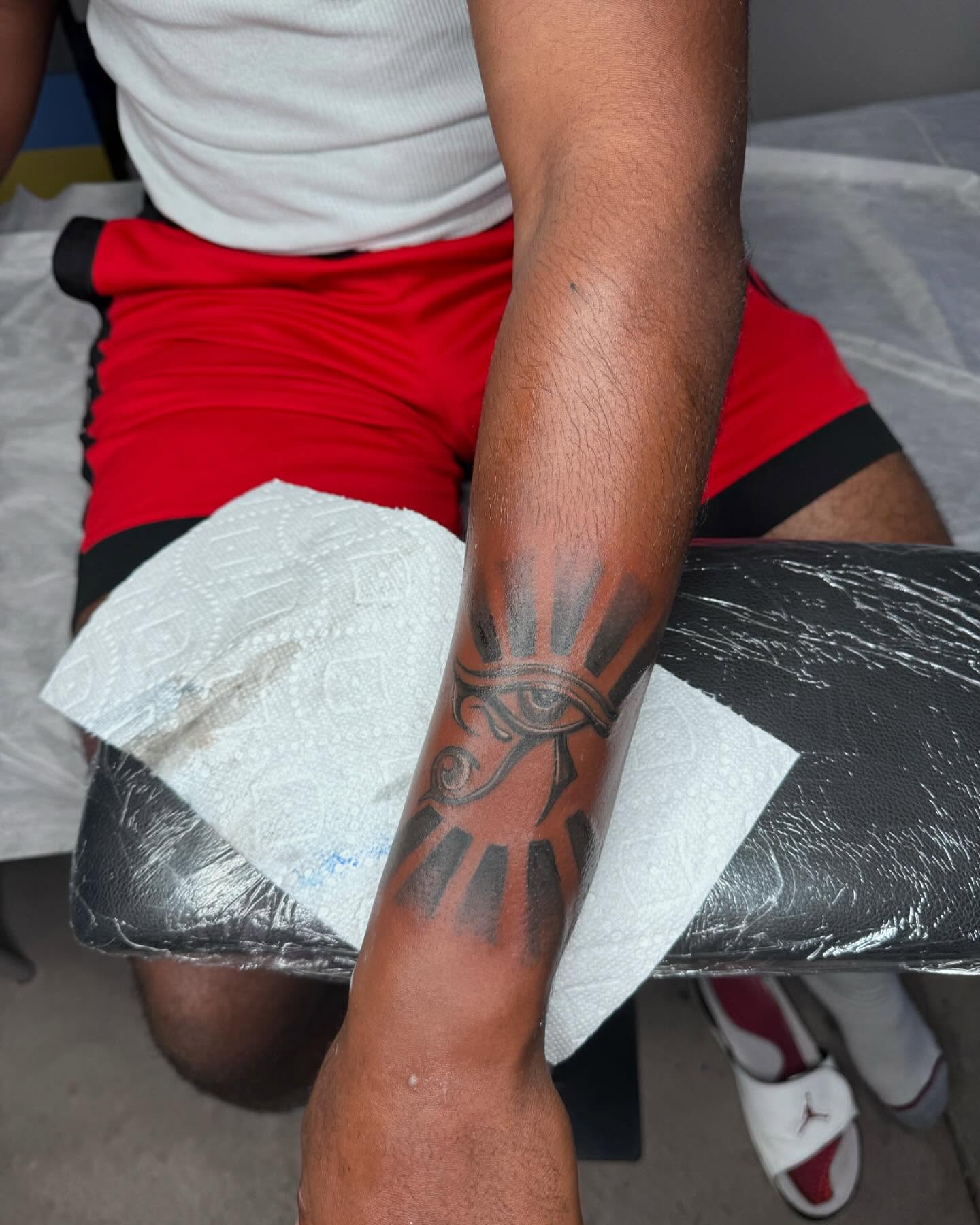 Eye of horus black and grey tattoo on the forearm by Sierra 🩷