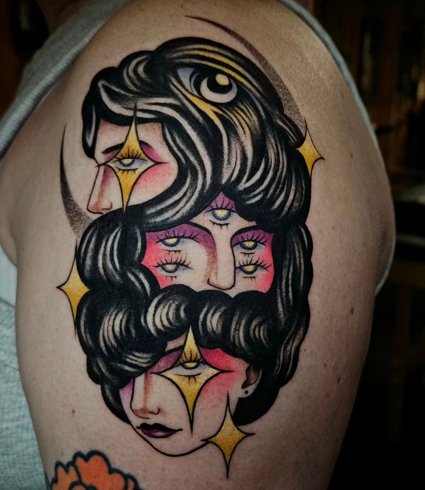 Bearded faces American traditional tattoo on the shoulder by Chloe🌿Tattoos