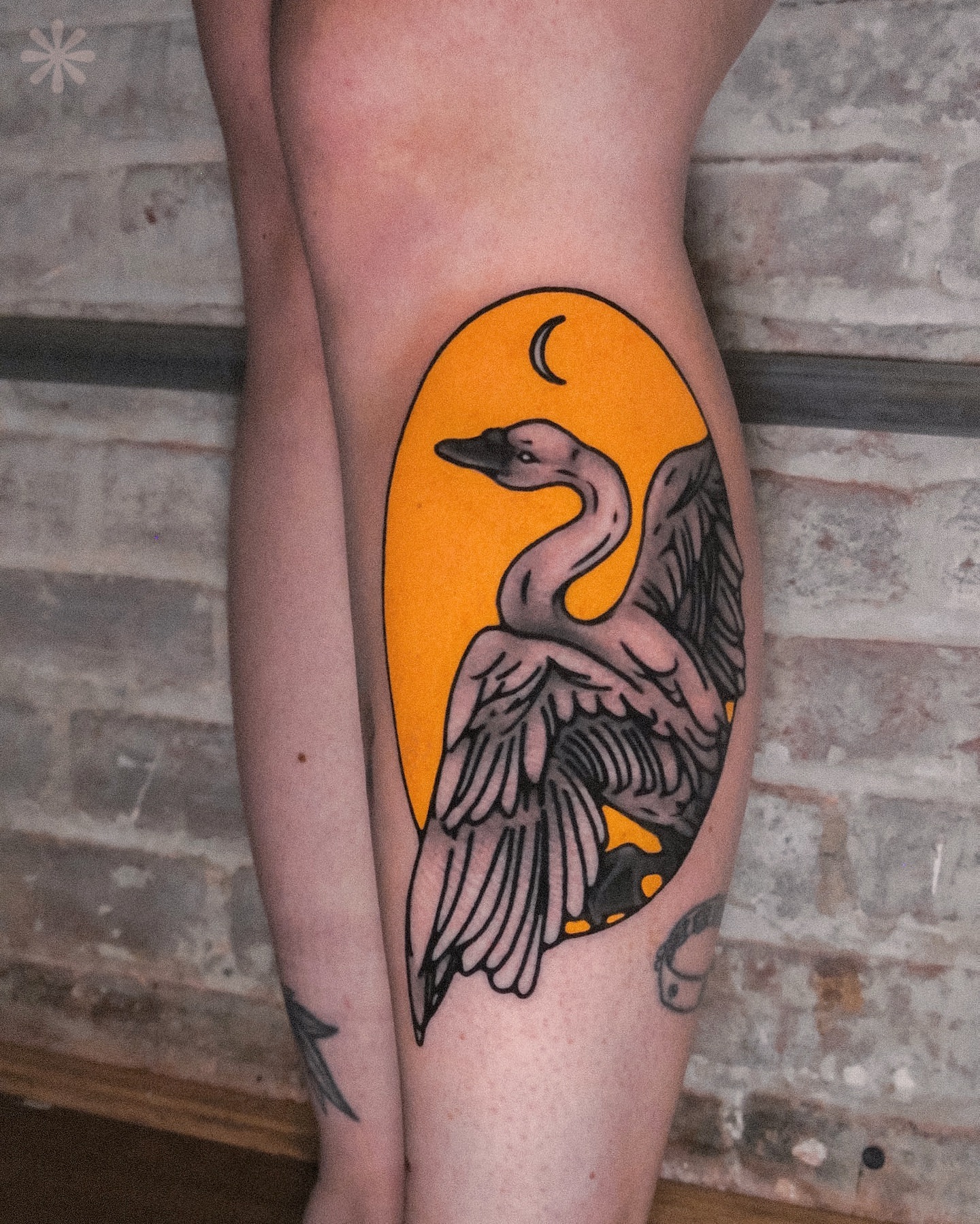 Swan American traditional tattoo on the thigh by Last Year Of Disaster