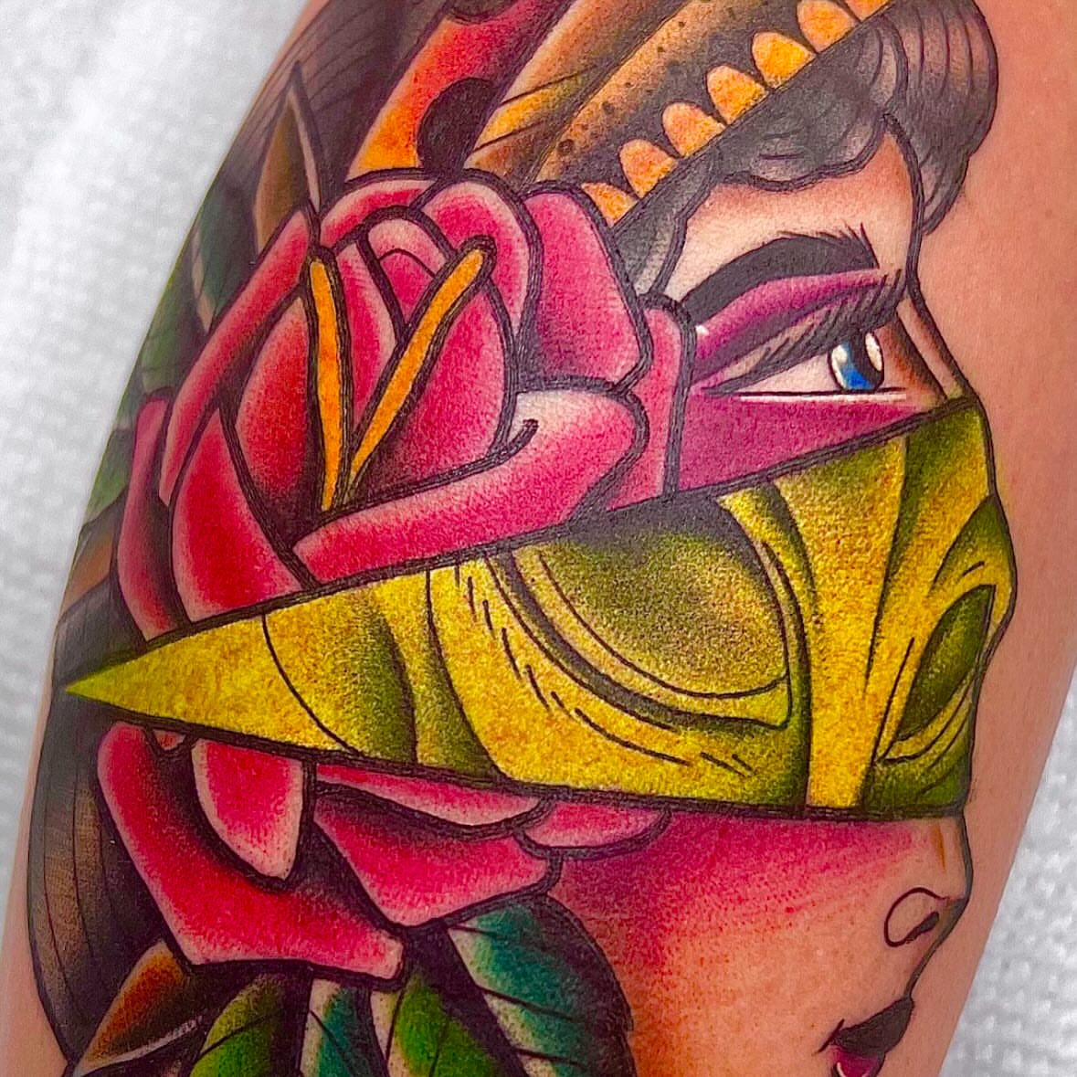 Woman with roses American traditional tattoo on the forearm by Massimiliano pennella