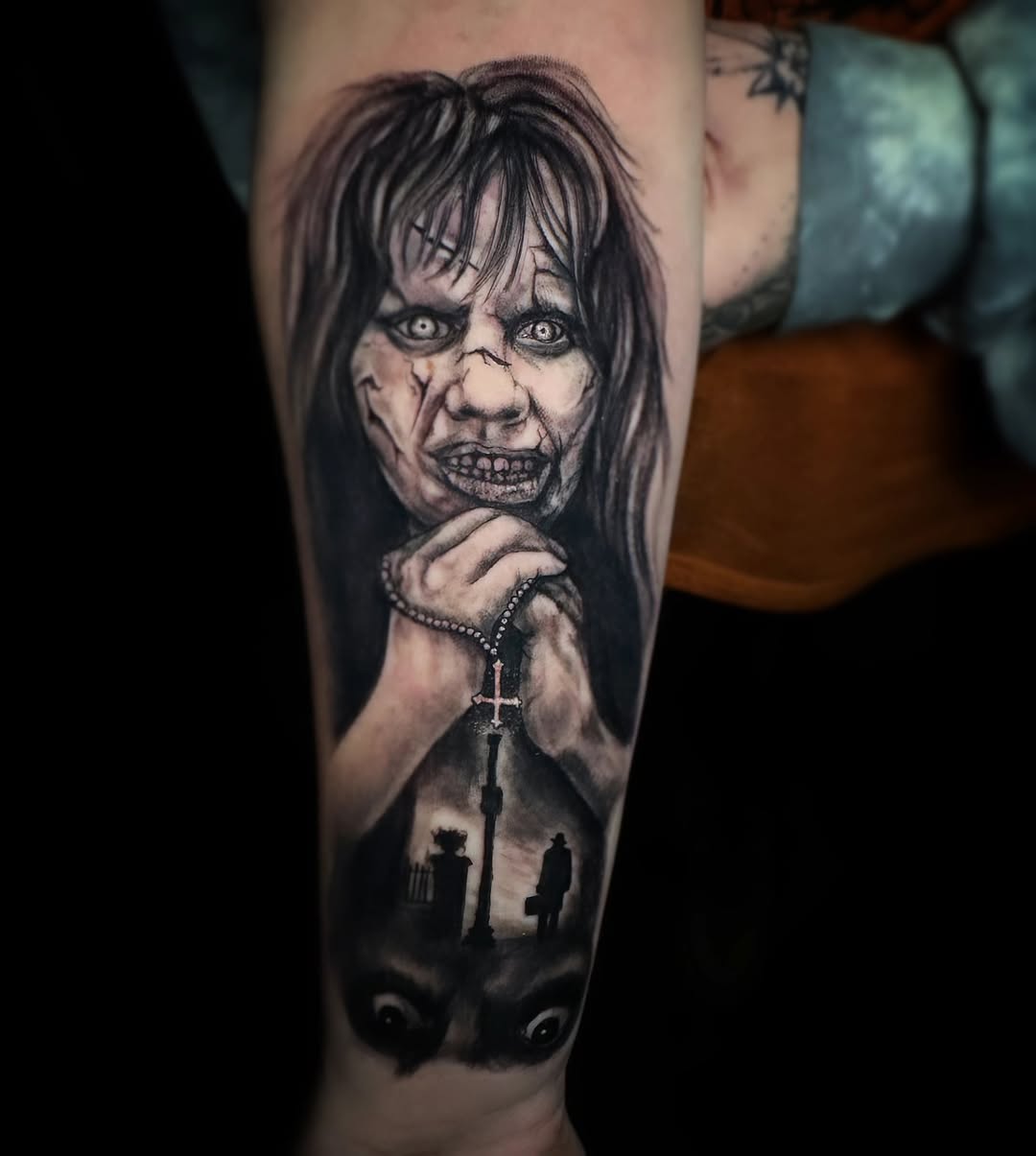 Tattoo by @ladymonsterfacetattoos — dark_realism, black_and_grey