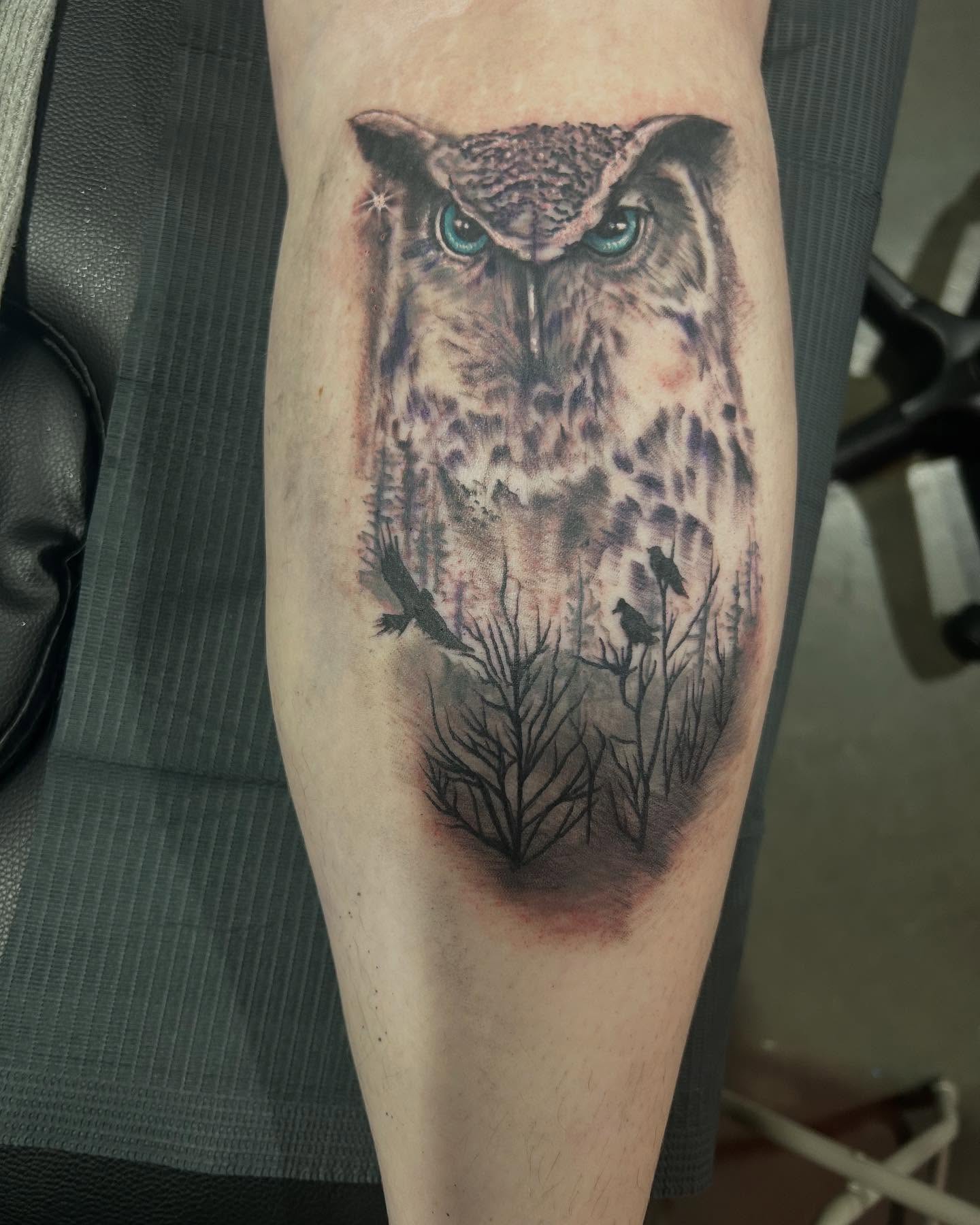 Owl realism tattoo on the forearm by Ayanna Luna