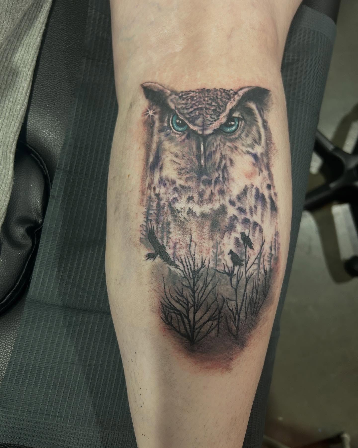 Owl realism tattoo on the forearm by Ayanna Luna