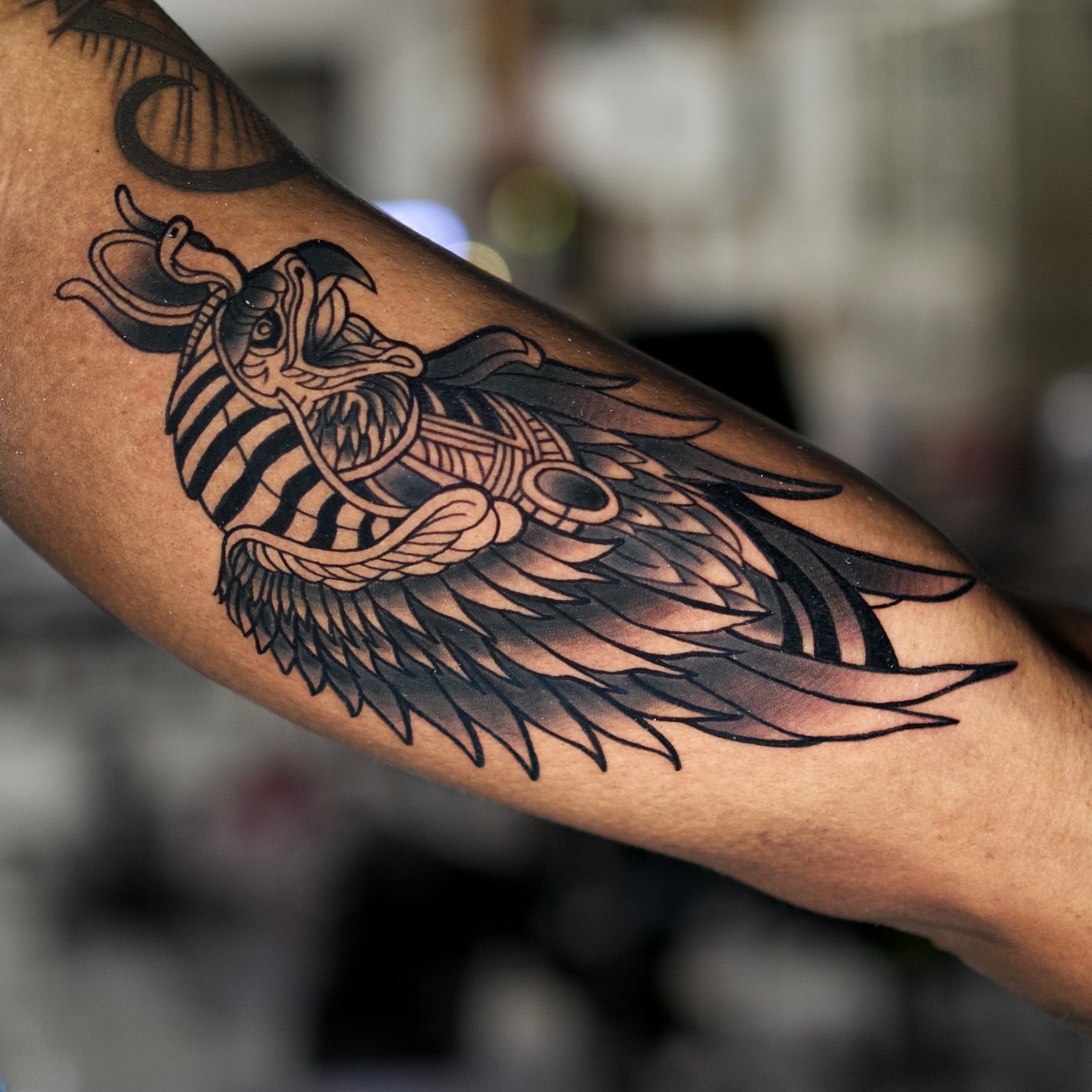 Winged snake black and grey tattoo on the forearm by Jorden Ruppe