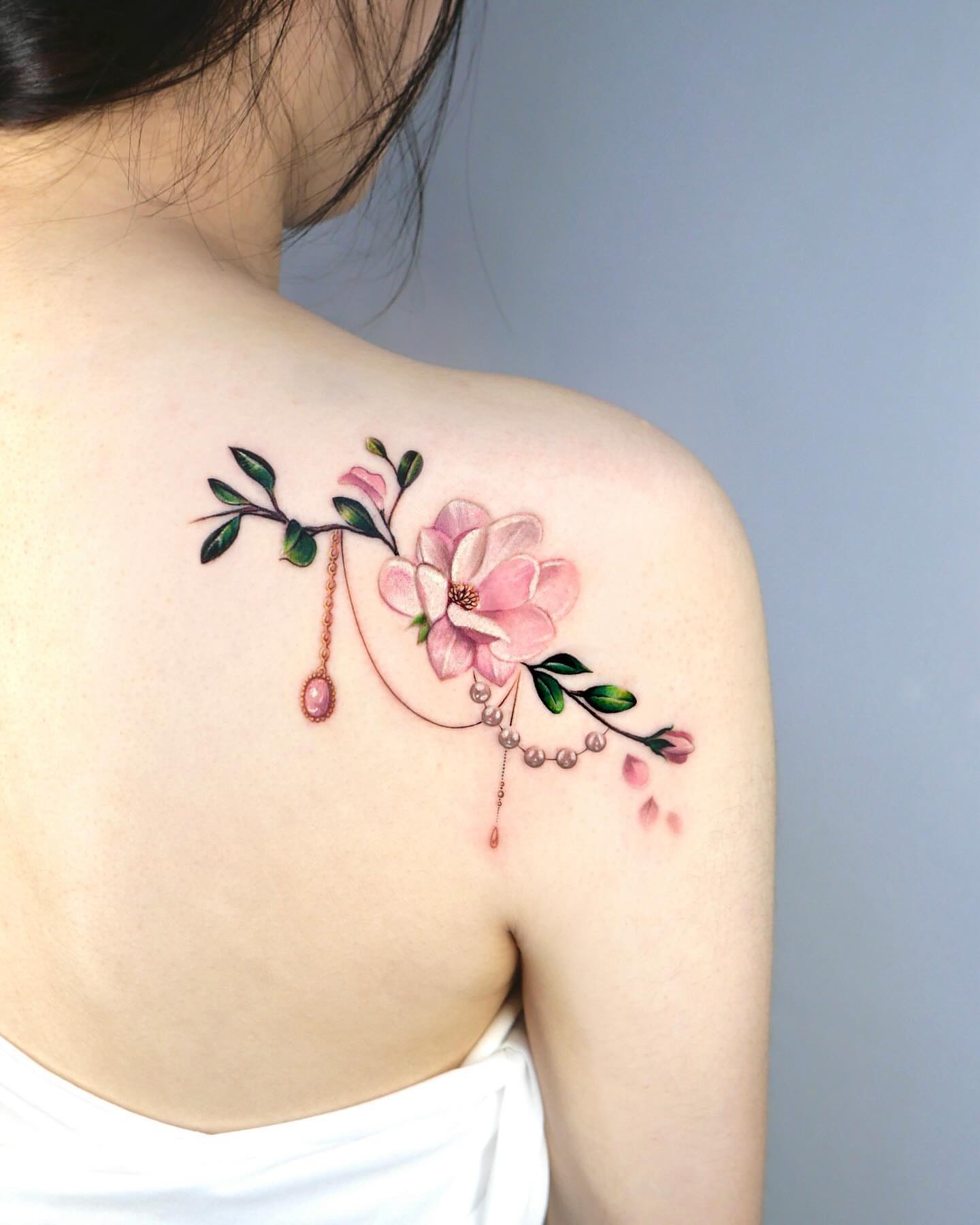 Flower and beads realism tattoo on the shoulder by Cyber sigil & ornamental tattoo π₯