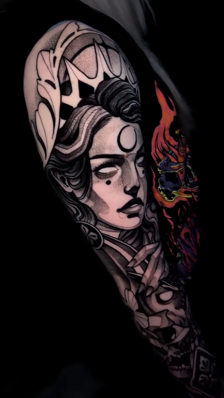 Woman with moon and flames dark realism tattoo by Craig St Peter, Kansas City, Missouri