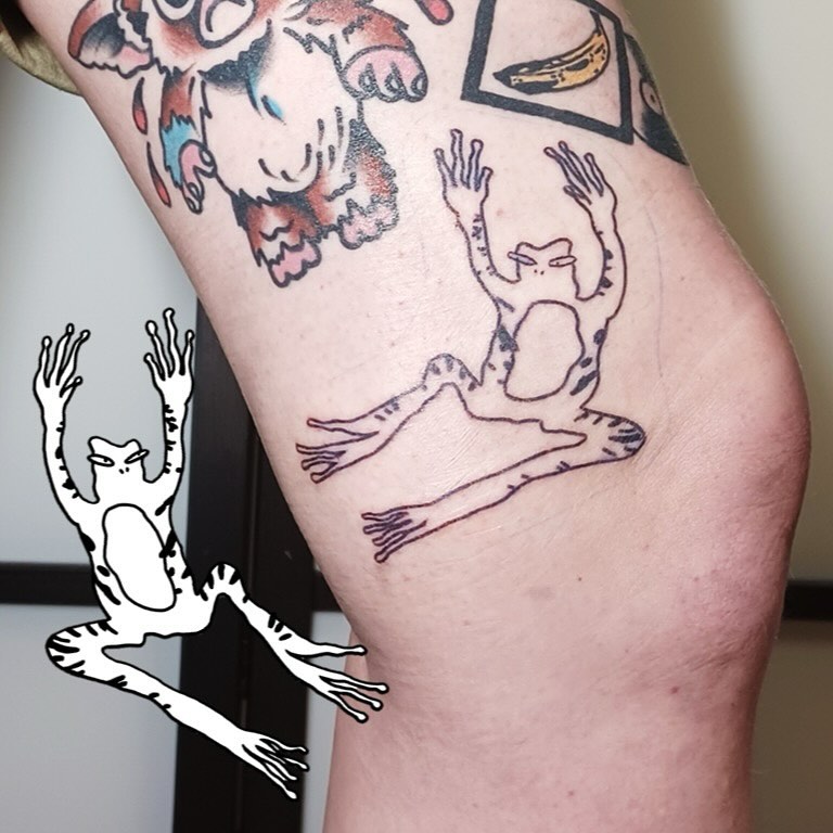 Dancing frog sketch tattoo on the thigh by clo 🐭