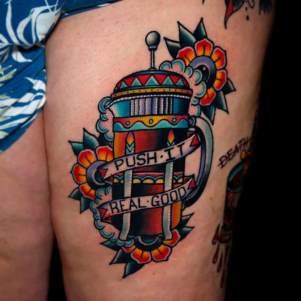 Beer mug American traditional tattoo on the thigh by Don Boos Tattoos