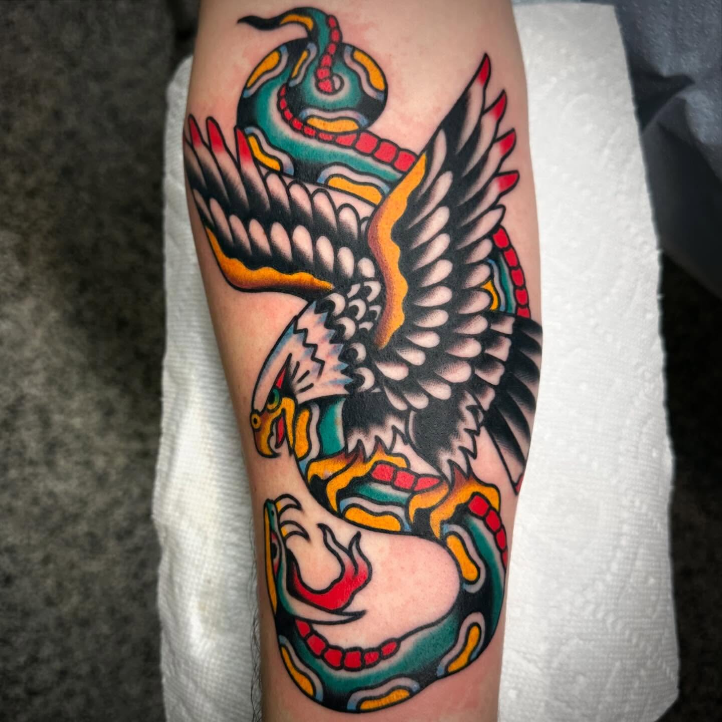 Eagle and snake American traditional tattoo on the forearm by Nathan Rohrbacher, Nashville, Tennessee