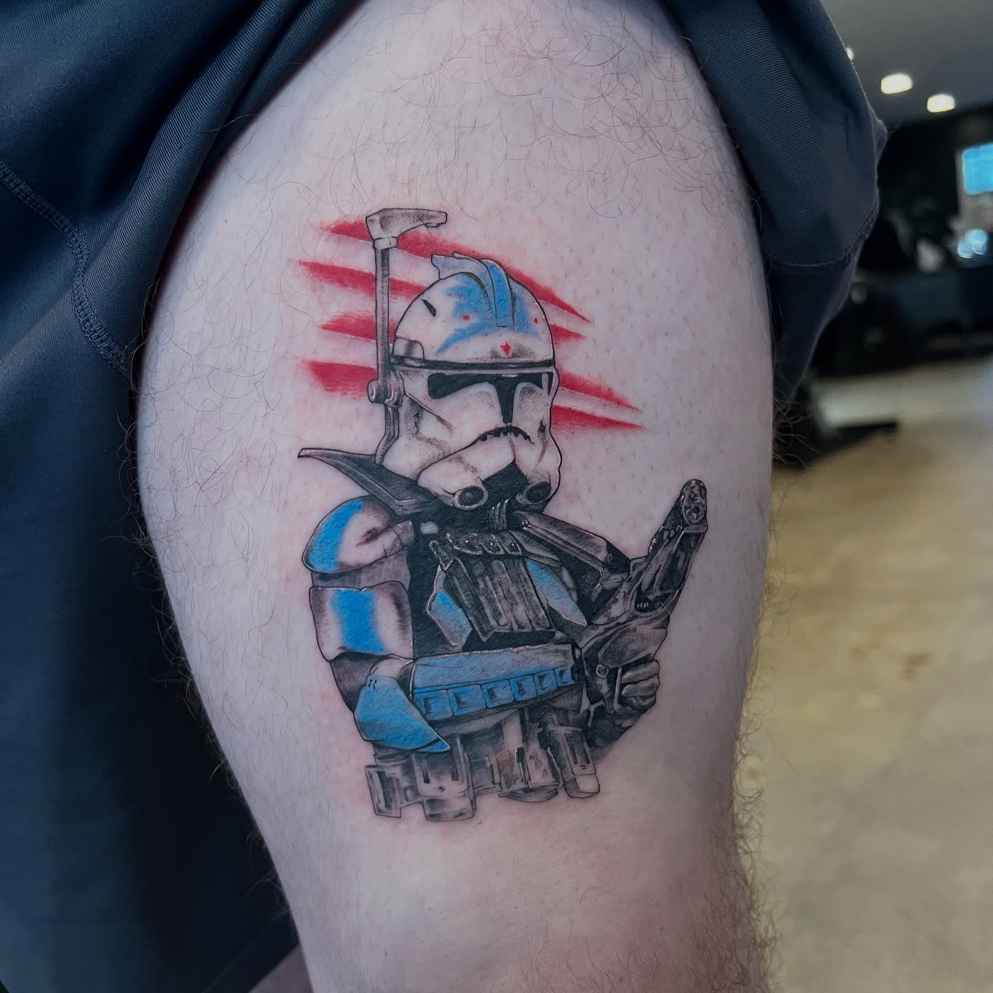 Clone trooper realism tattoo on the thigh by Dom