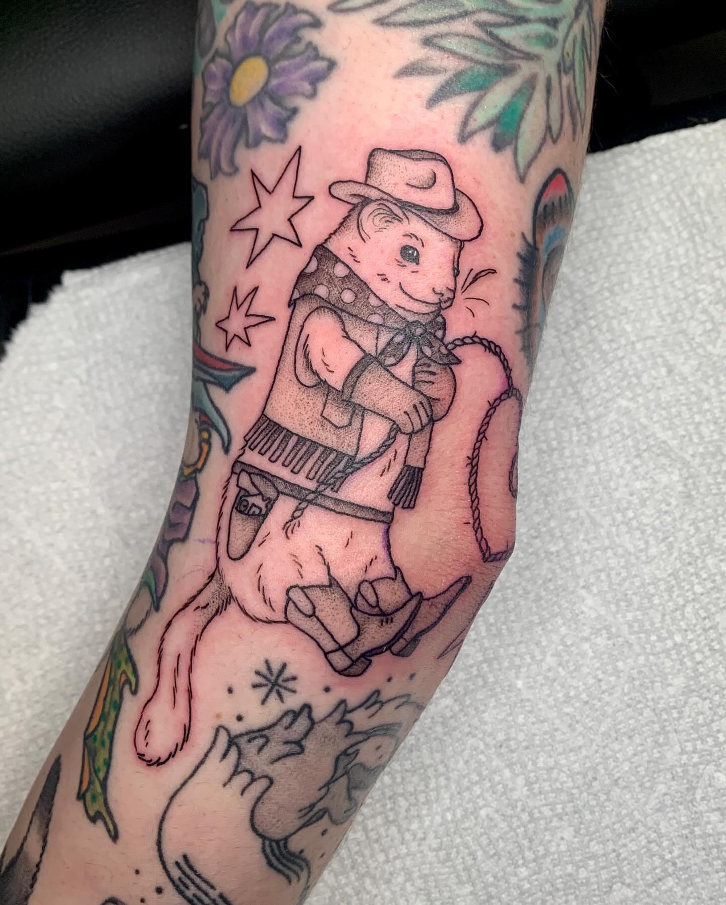 Cowboy cat American traditional tattoo on the forearm by ⓣⓞⓡⓘ, Bangor, Maine