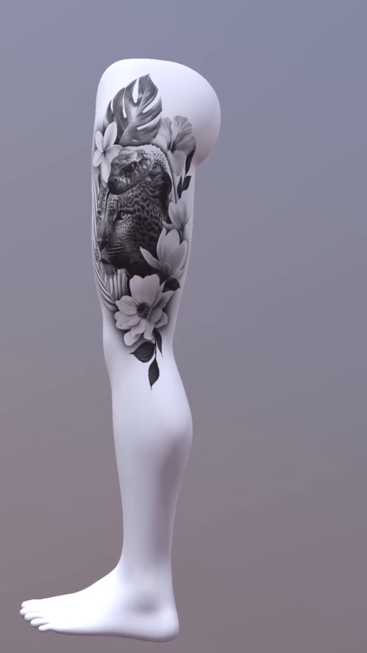 Leopard and flowers realism tattoo by Imarea Rivera