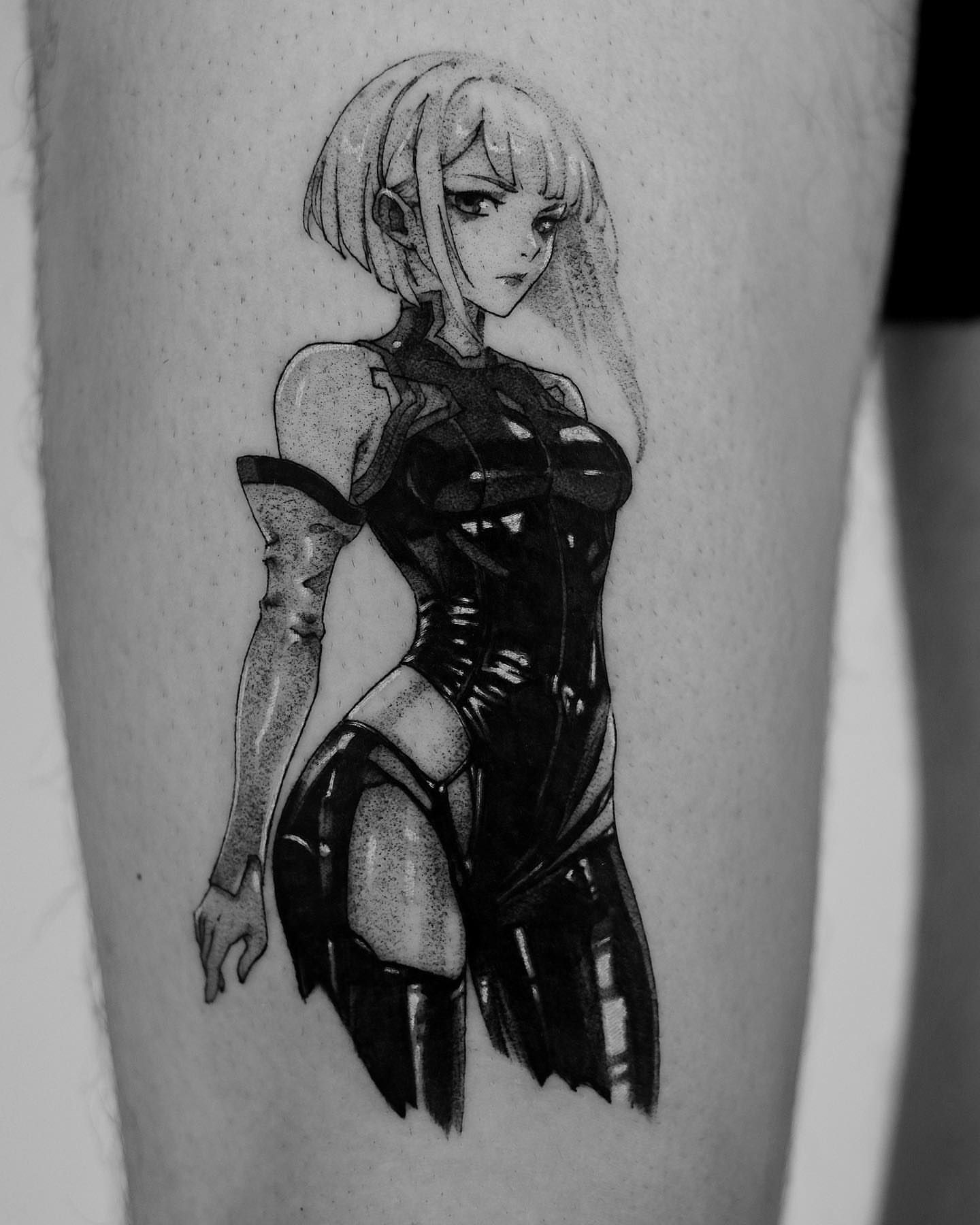 Anime character dotwork tattoo on the forearm by Anime, Amsterdam, Noord-Holland