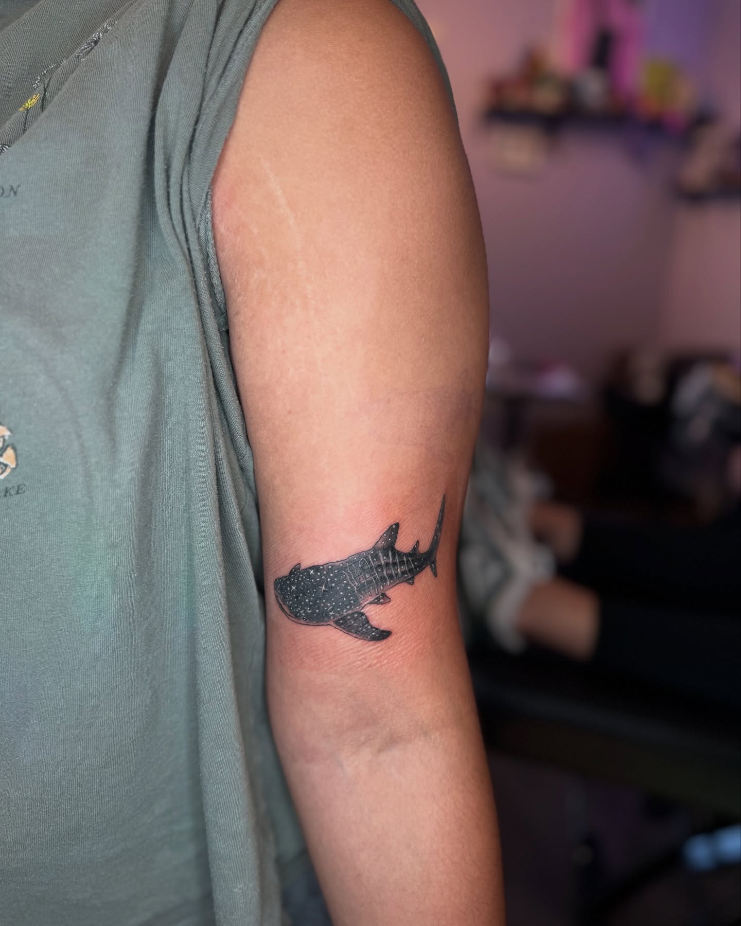 Whale shark dotwork tattoo on the forearm by Honey