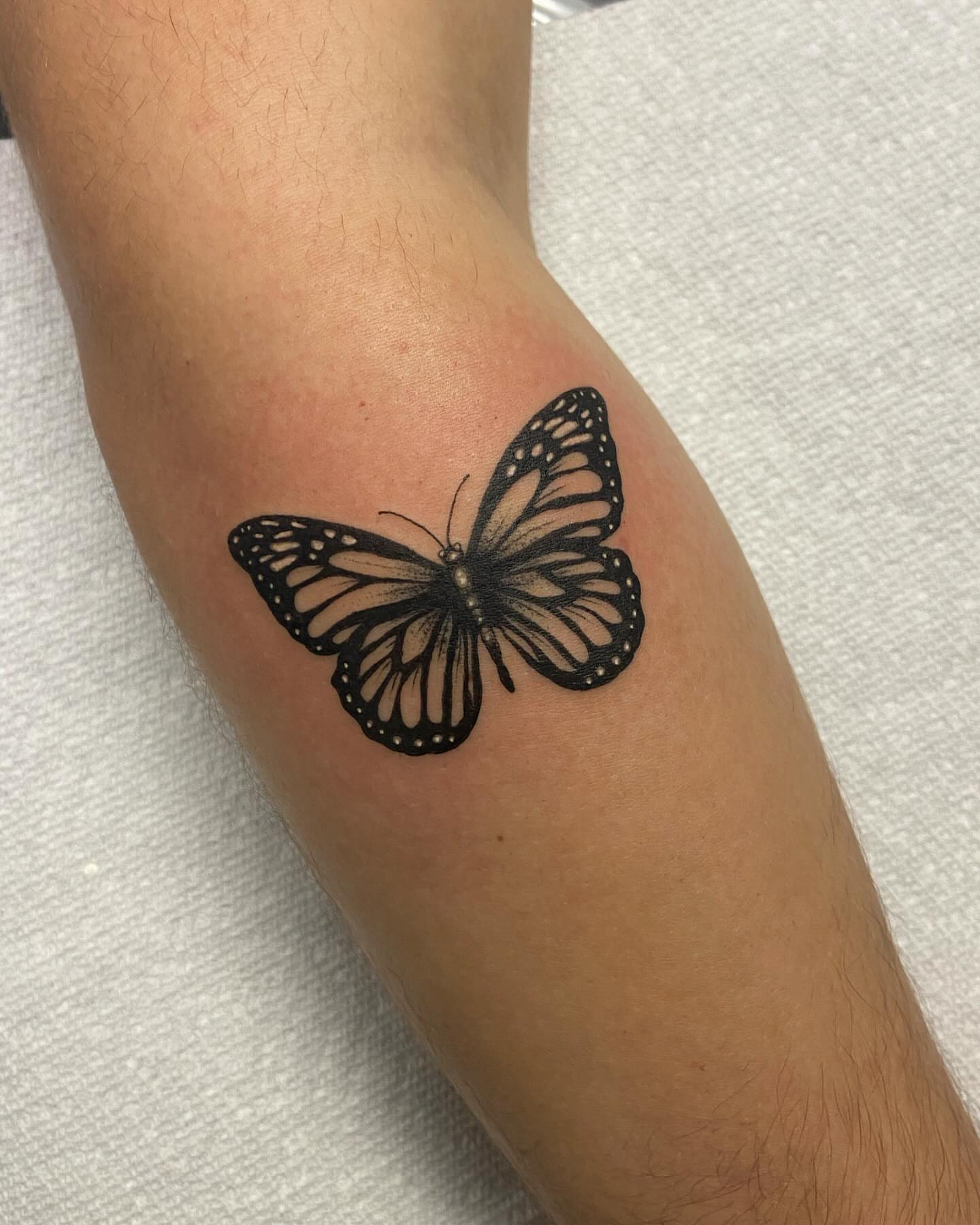 Butterfly black and grey tattoo on the forearm by Libbey June @ Snailberry Studios- NW OHIO