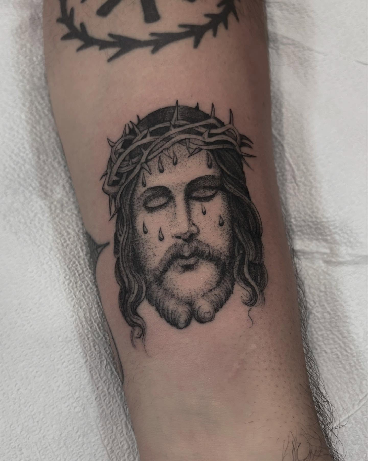 Jesus Christ dotwork tattoo on the forearm by Jake Hodson, Nashville, Tennessee