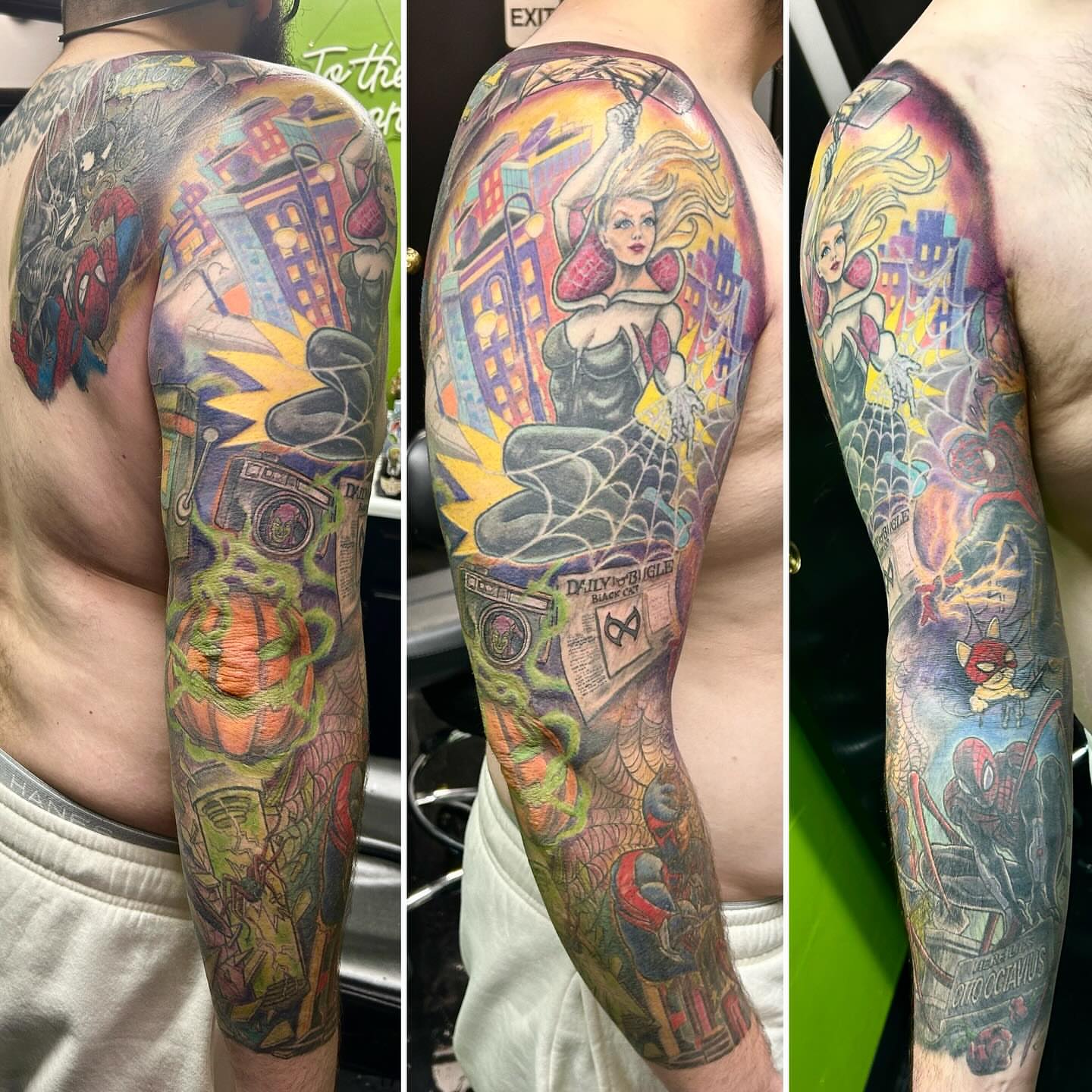 Spider-Woman new school tattoo on the upper arm by B Hendrix, Cuyahoga Falls, Ohio