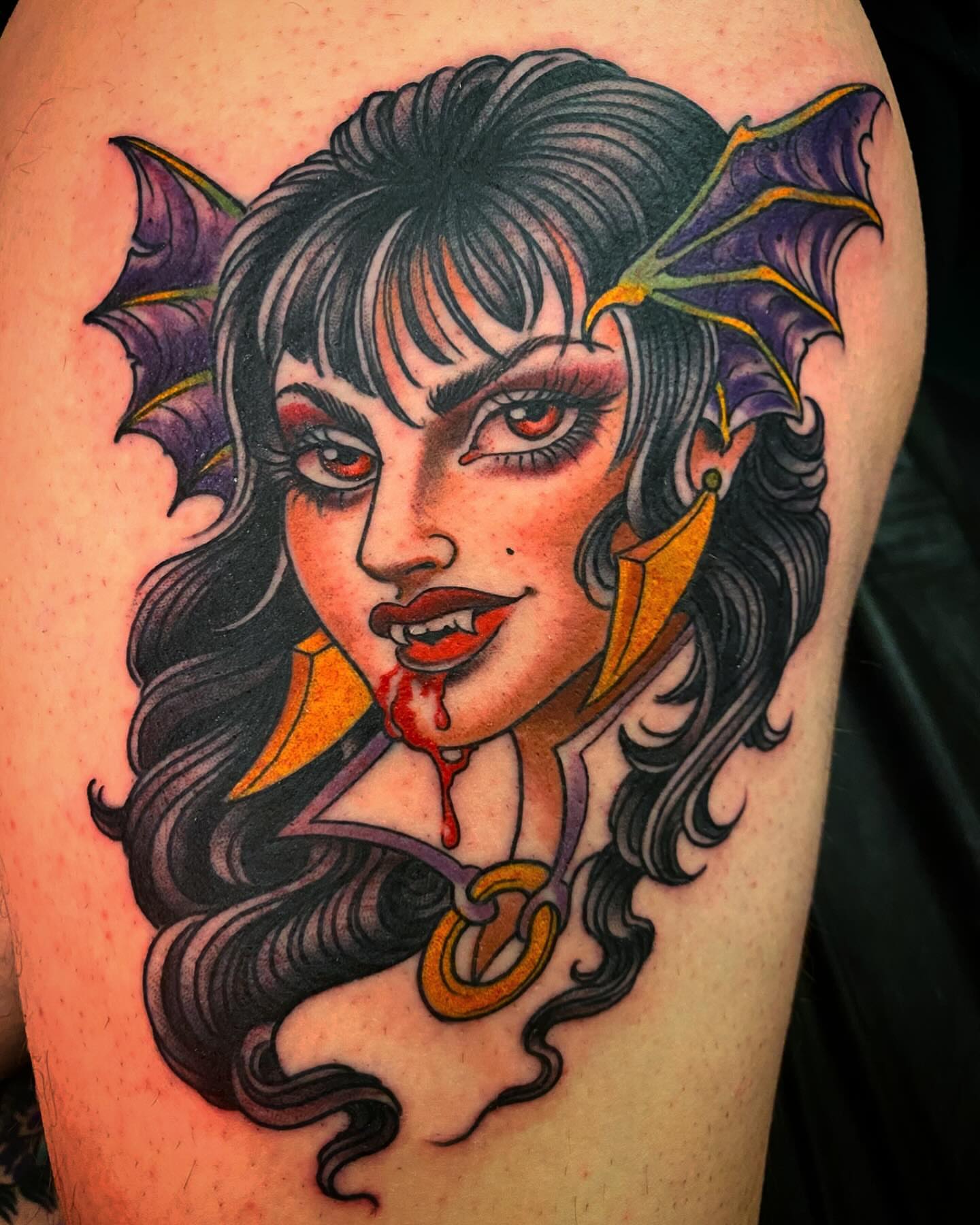 Vampire woman American traditional tattoo on the thigh by Adam Warmerdam, Los Angeles, California