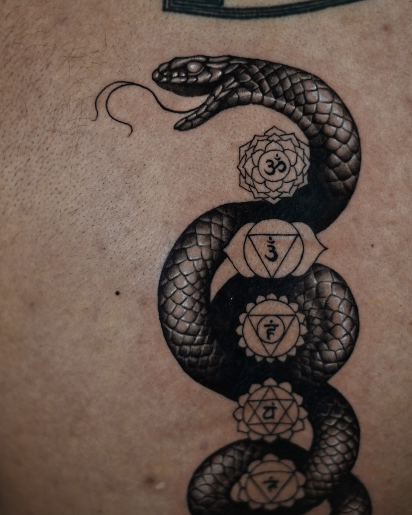 Snake with chakras geometric tattoo on the torso by hiba ⊹ atlanta tattoo artist, Johns Creek, Georgia