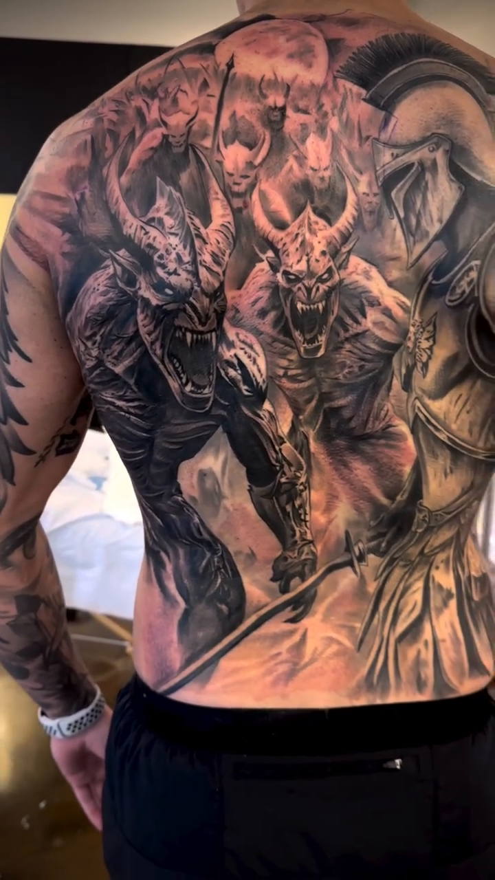 Demons and warriors dark realism tattoo by Mason Williams