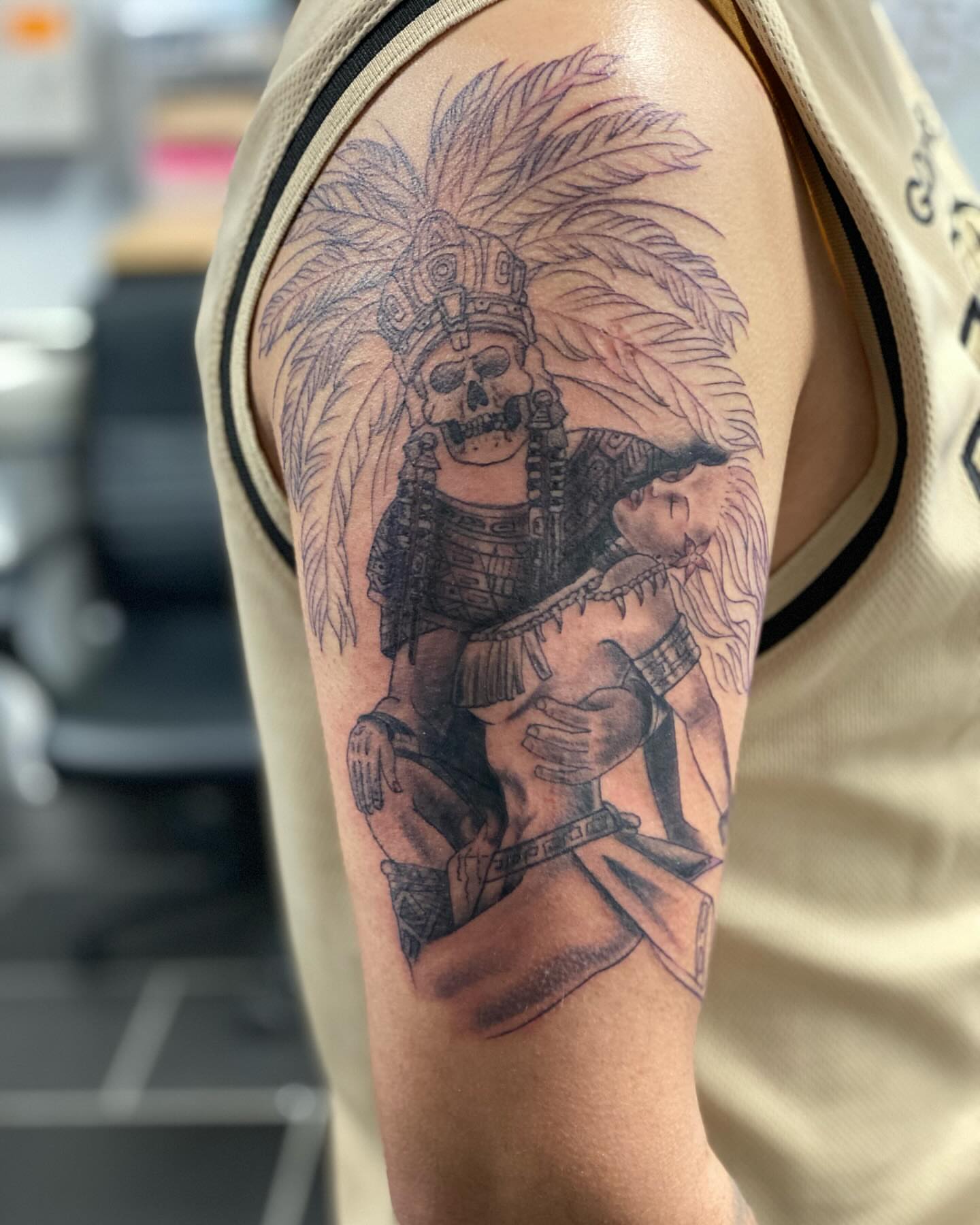 Aztec warrior and woman realism tattoo on the forearm by Chino's Tattoos