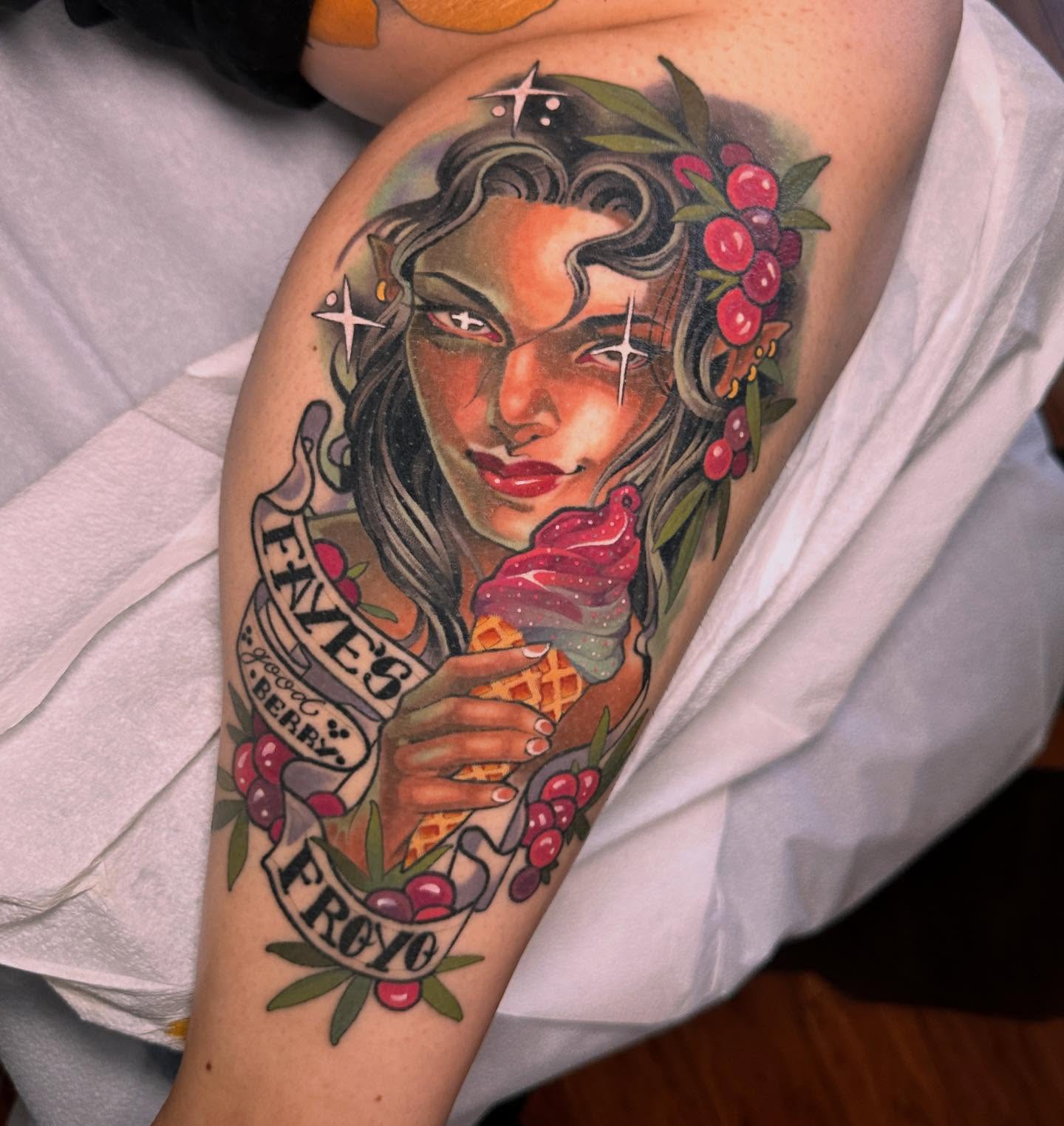 Ice cream cone American traditional tattoo on the thigh by Claire Evans, San Francisco, California
