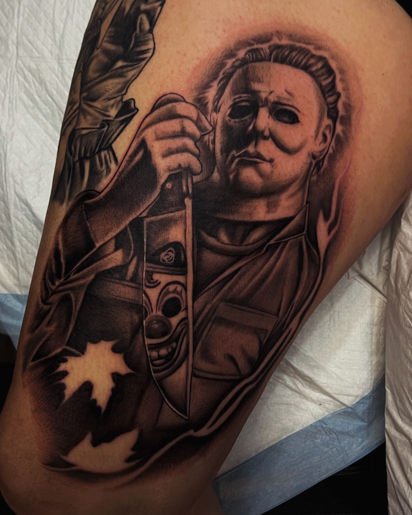 Michael Myers realism tattoo on the upper arm by Brittany Welsh, Marlton, New Jersey